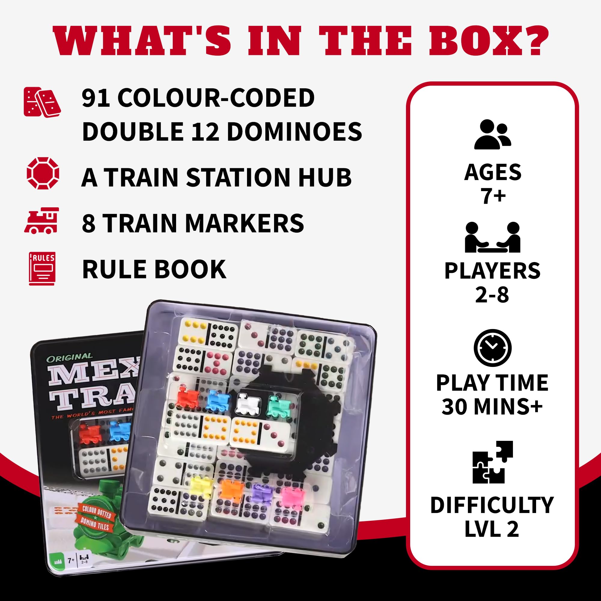 Tactic Mexican Train Double-Twelve Domino Game Set with 91 Tiles and Train Station Hub 10