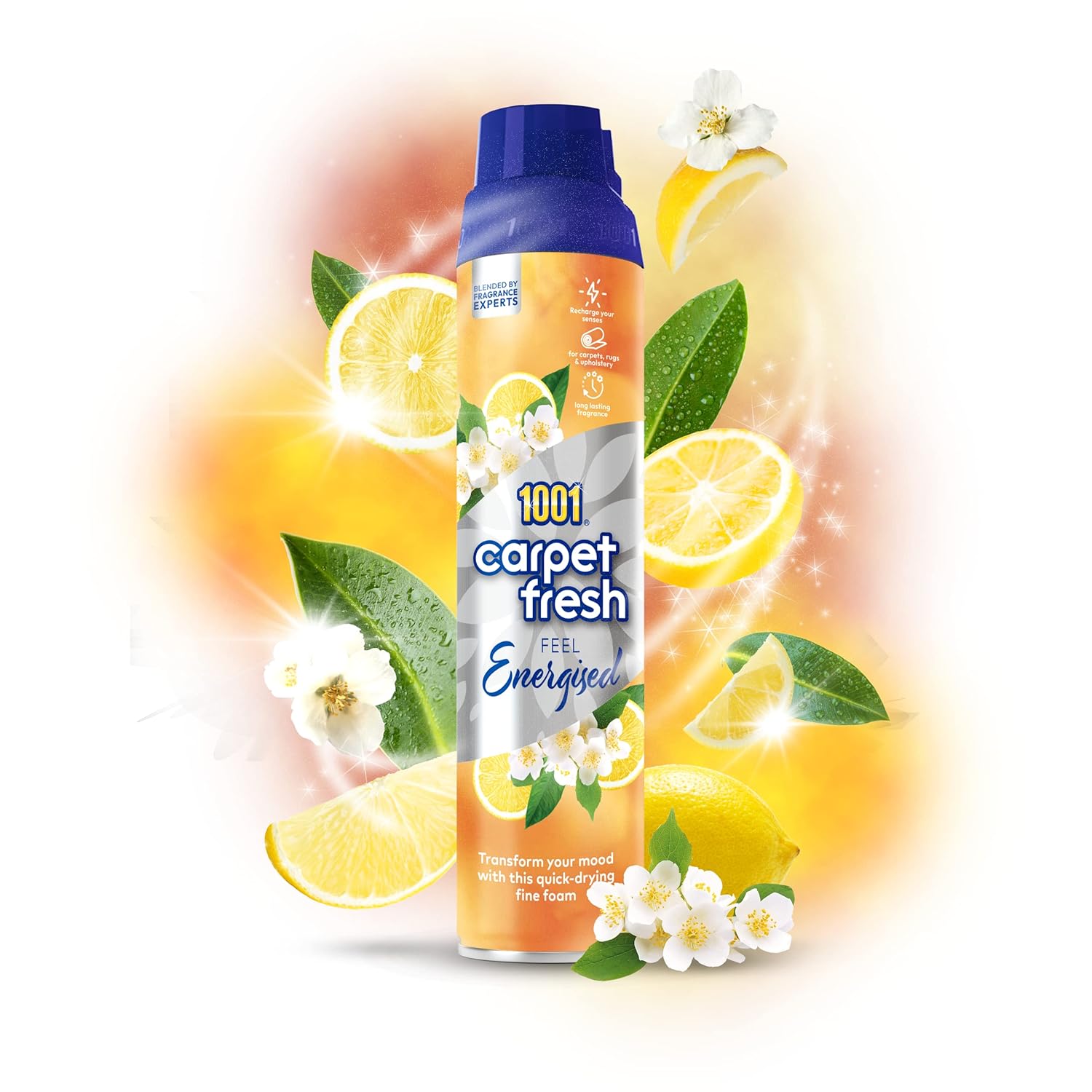1001 Carpet Fresh Feel Energized 300ml Can - Invigorating Lemon Scent for Carpets & Upholstery