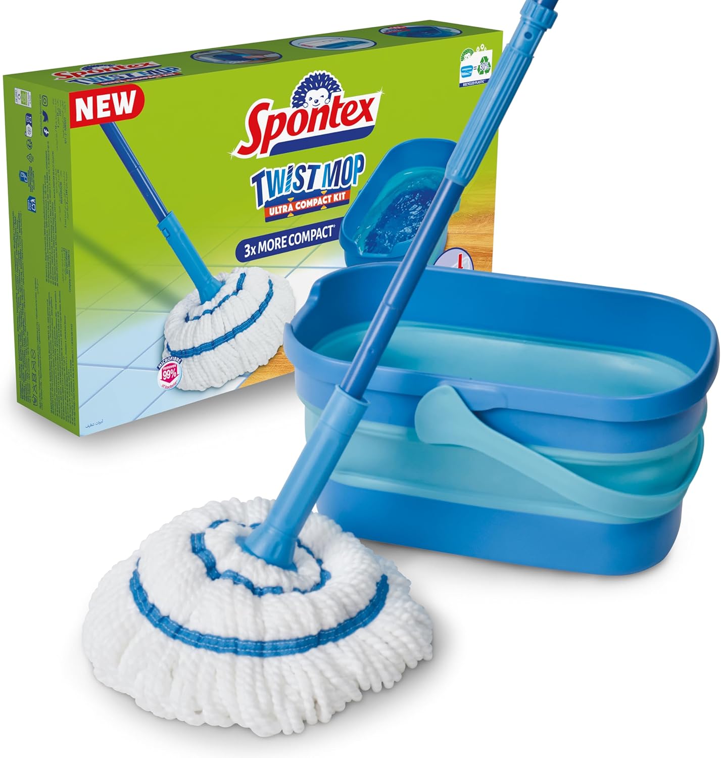 Spontex Ultra Compact Twist Mop and Bucket Set - Microfibre Mop with Built-In Wringing System