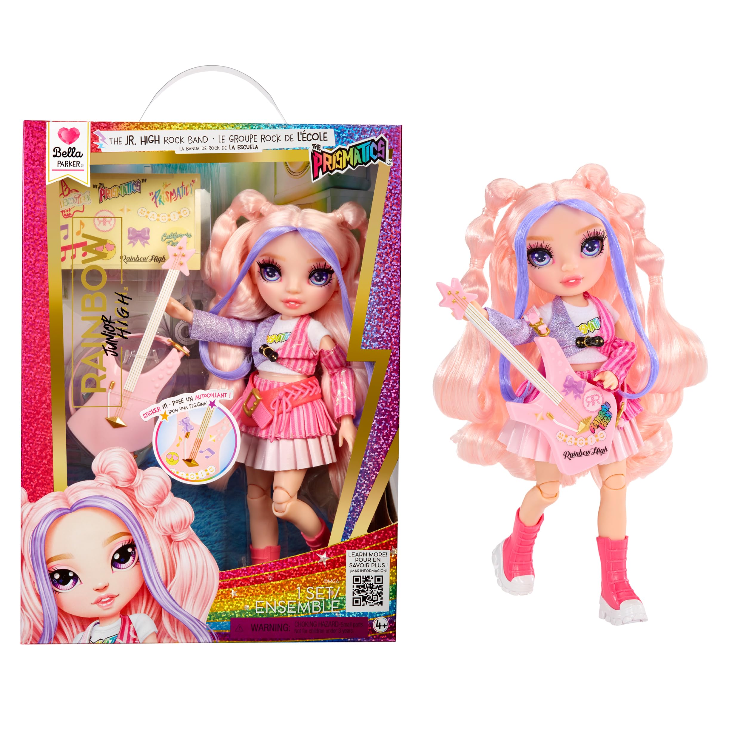 Rainbow High Junior High Rock Band - Bella Pink 23cm Fashion Doll with Bass Guitar & Stickers