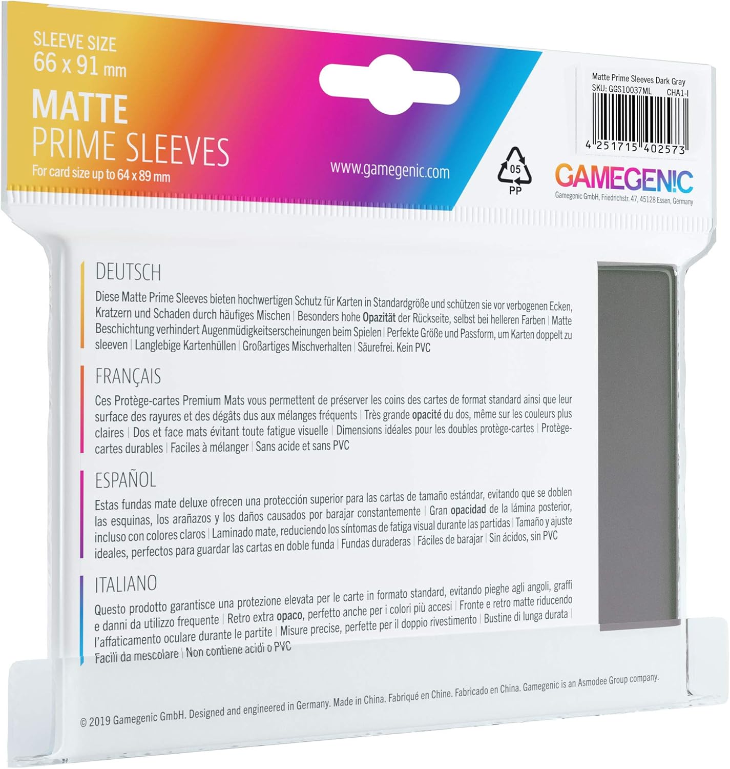 Gamegenic Matte Prime Sleeves - Dark Grey (100-Pack), Ideal for Double-Sleeving