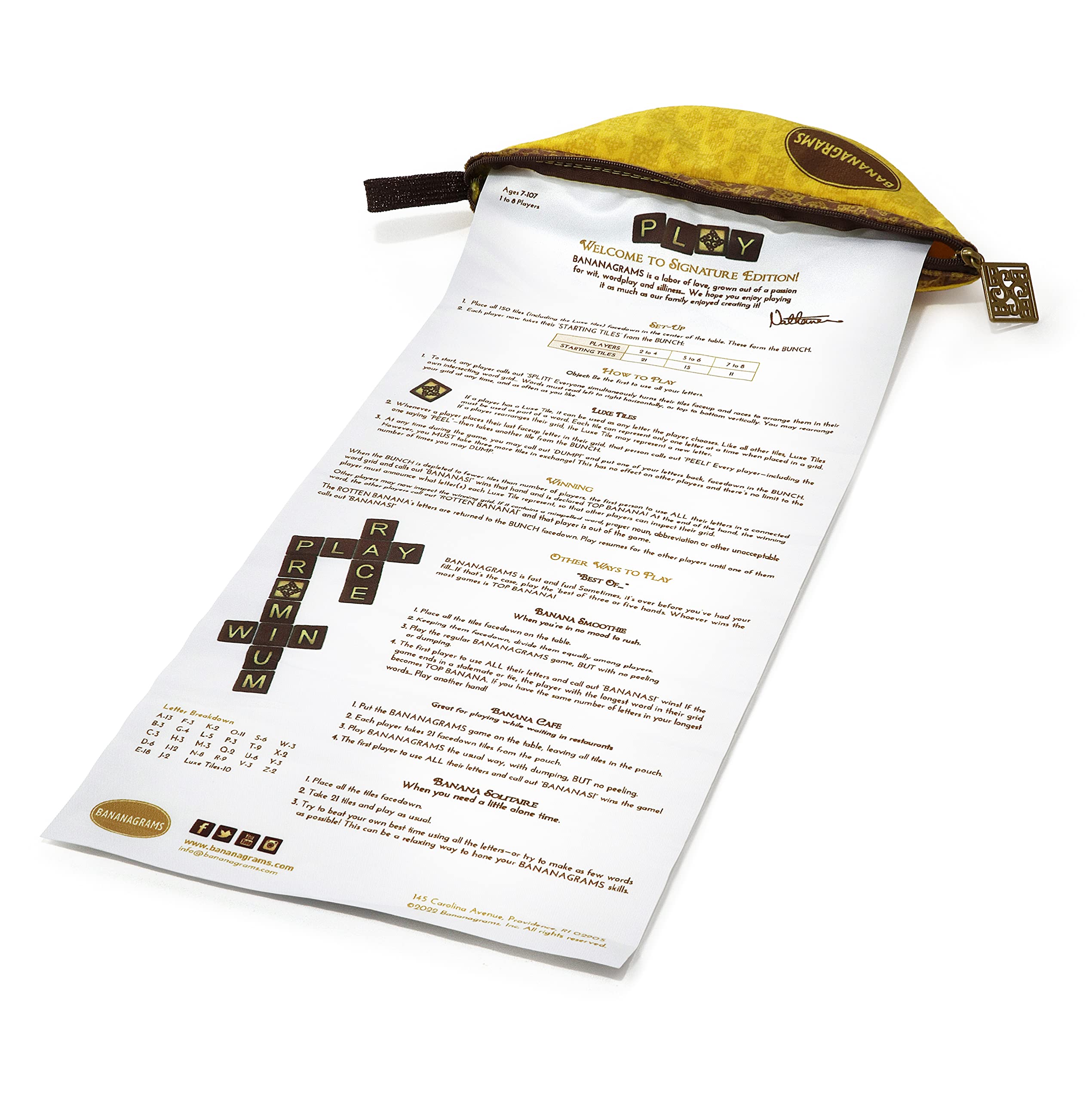 BANANAGRAMS Signature Edition Word Game - 144 Tiles, 10 Luxe Tiles, Premium Fabric Pouch - 1-8 Players 8