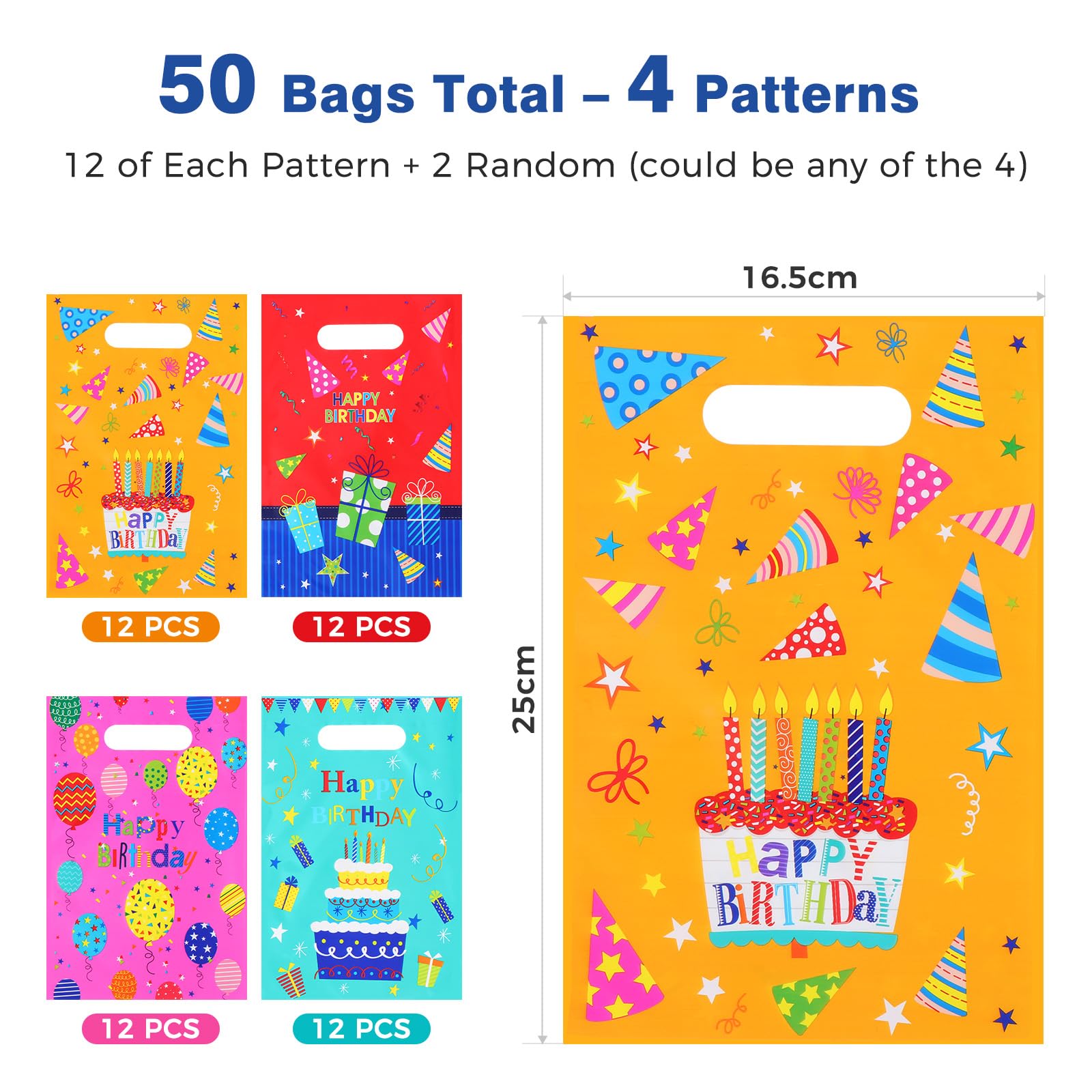 Brencco Kids Birthday Party Gift Bags - 50 PCS Value Set | 16.5x25 cm | 4 Assorted Colors