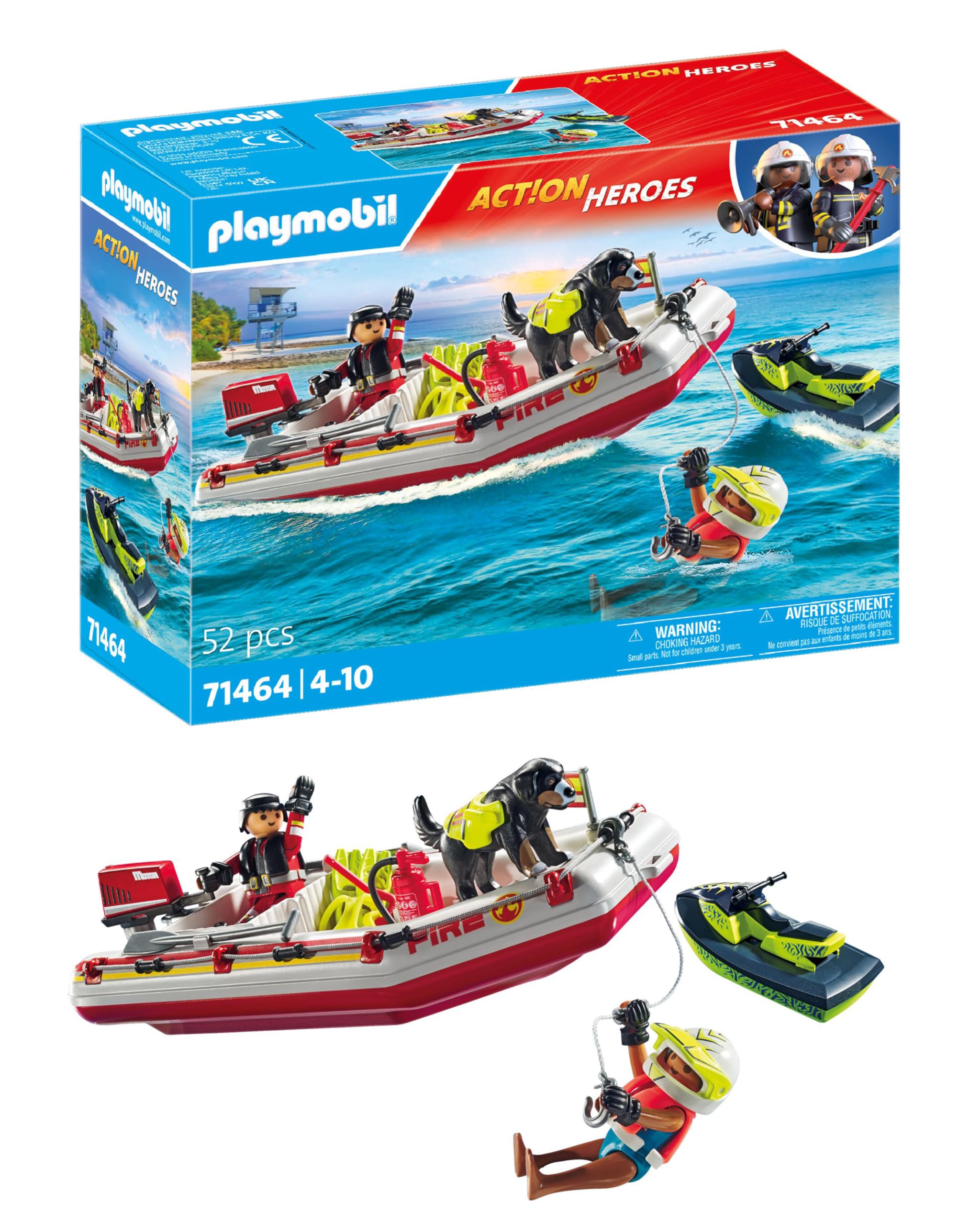 Playmobil 71464 Action Heroes: Fireboat with Aqua Scooter - Water Rescue Playset for Kids