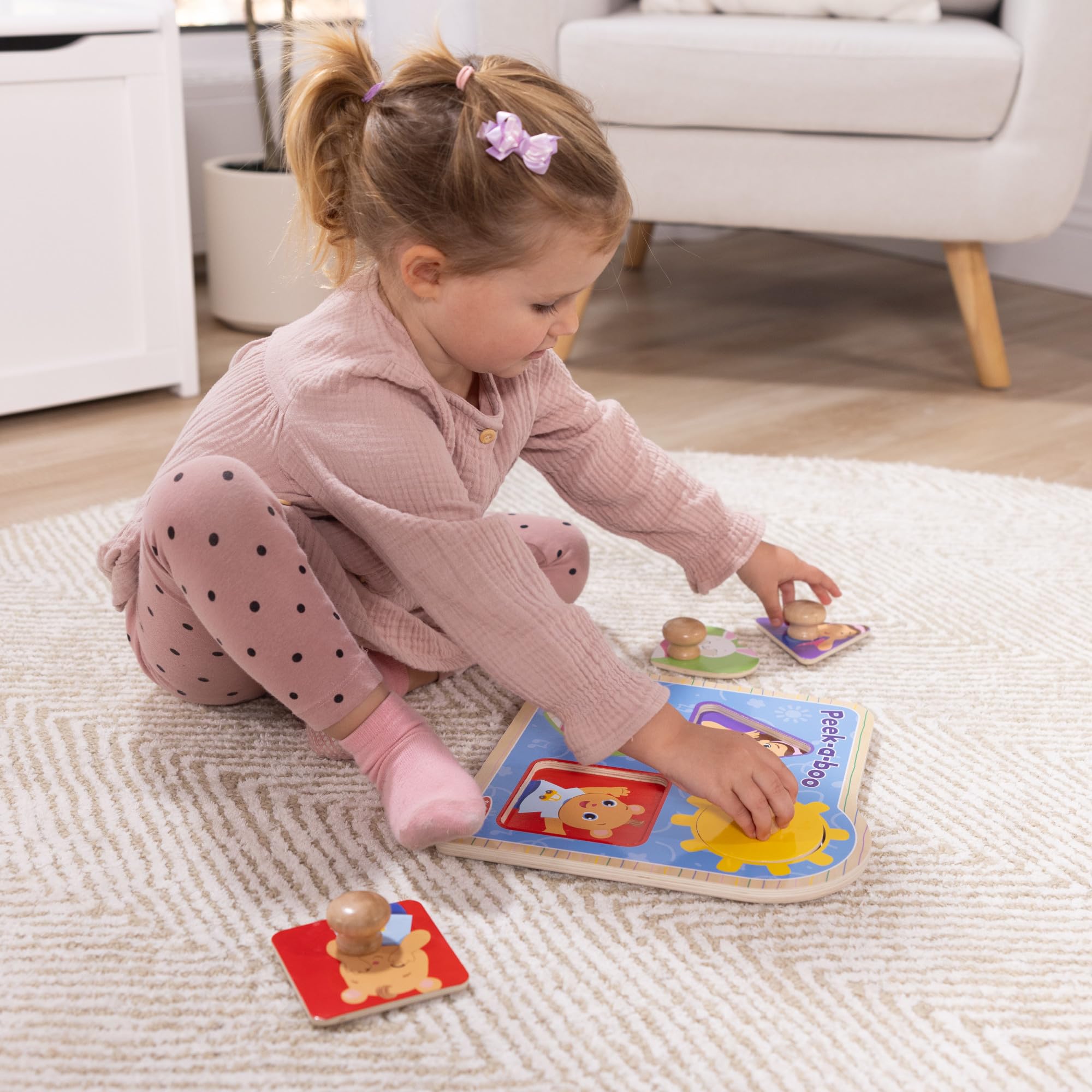 Melissa & Doug Ms Rachel Wooden Peek-a-Boo Jumbo Peg Puzzle - 4-Piece | Ages 1+ 8