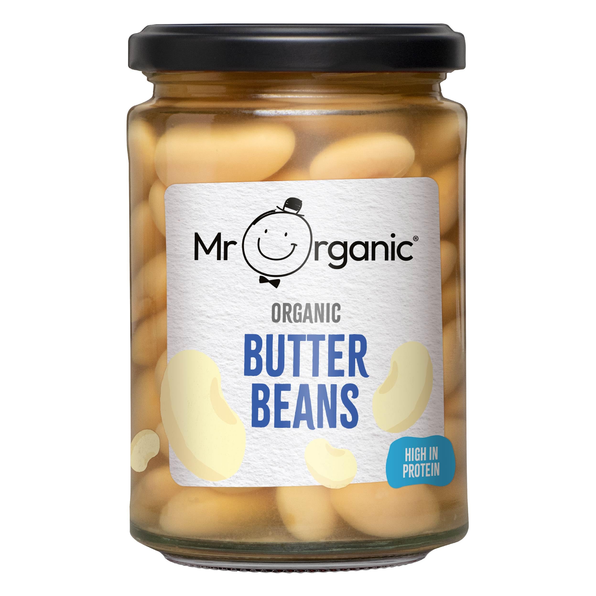 Mr Organic Butter Beans - Organic, High Protein & Fibre, Ready-to-Eat Tinned Legumes in Glass Jar