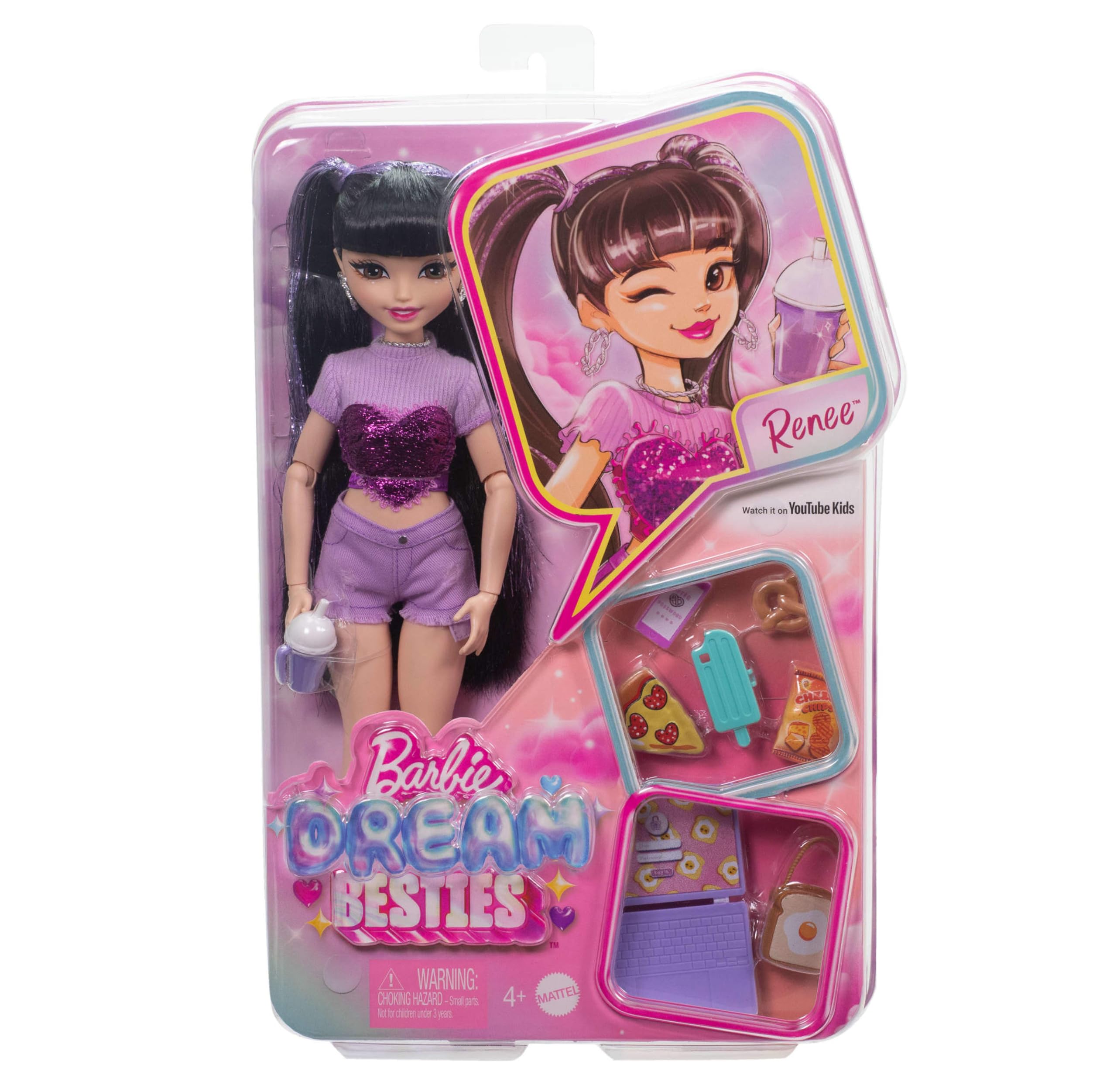 Barbie Dream Besties Renee Doll & Food-Themed Playset - 12-Piece Set with Laptop, Pizza, Smoothie & More 4