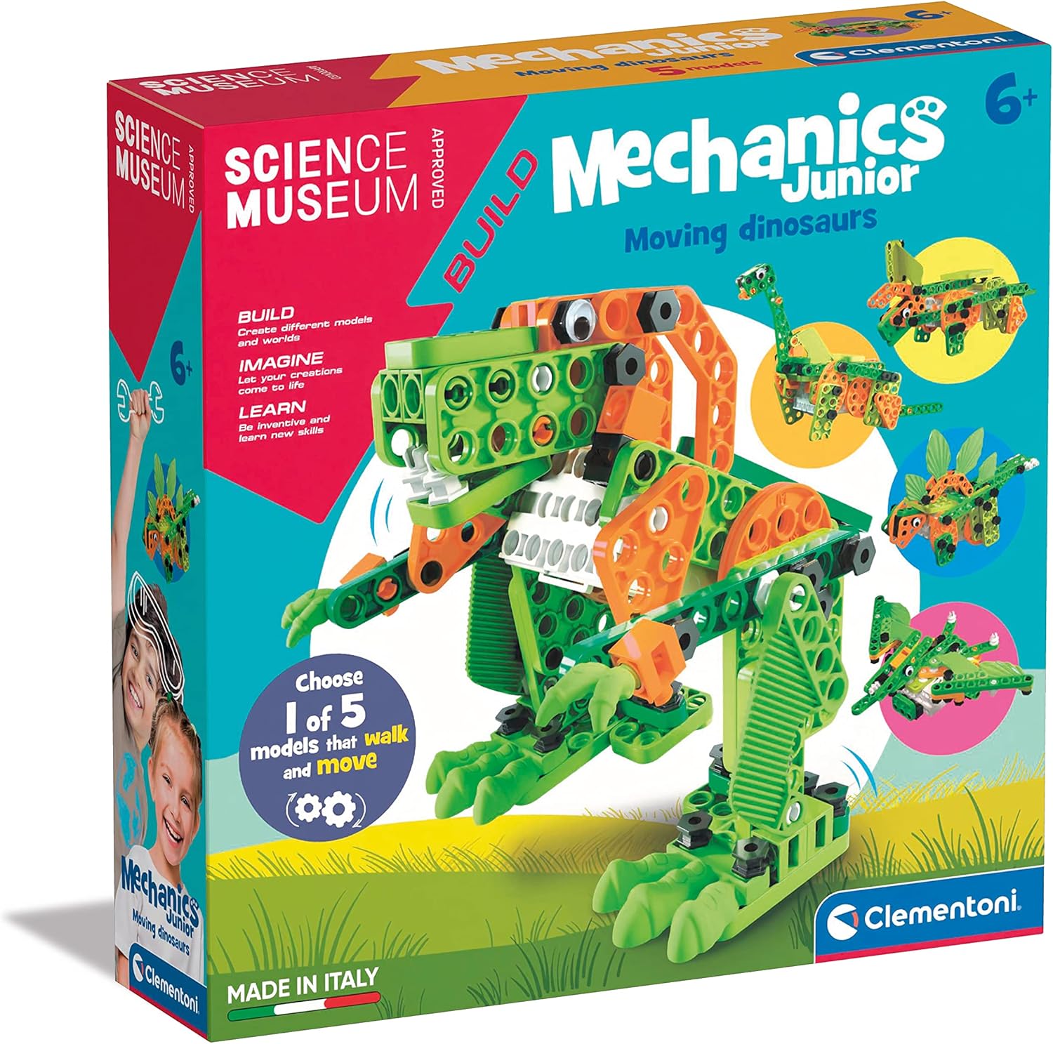 Clementoni Science Museum Mechanics Junior Moving Dinosaurs Building Kit - 5 Motorised Dinosaur Models for Kids 6+ 1