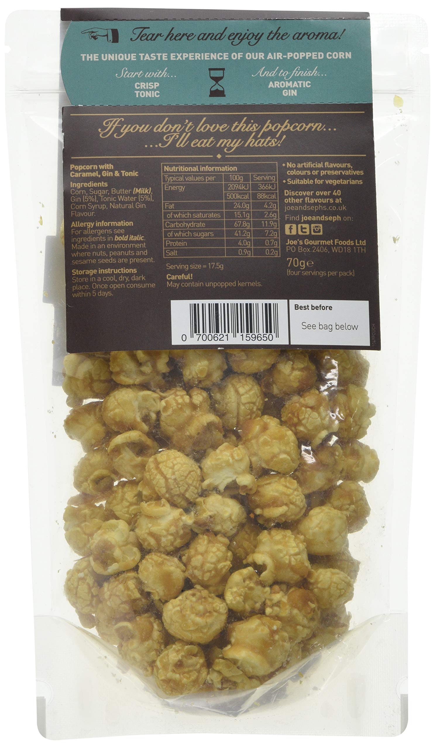Joe & Seph's Gin & Tonic Popcorn Pouch, 70g - Handmade UK Snack with Natural Ingredients 4