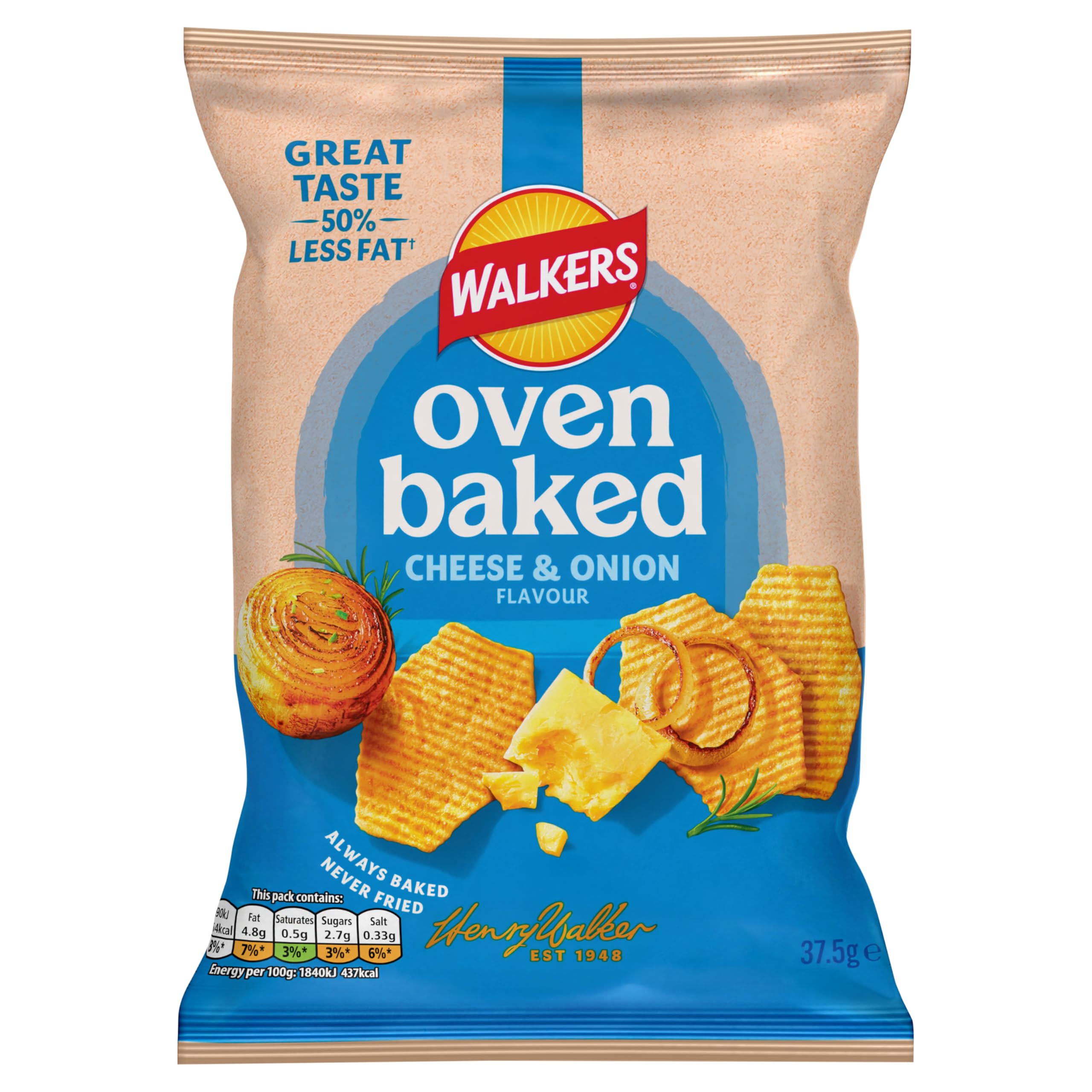 Walkers Baked Cheese & Onion Snacks Crisps - 50% Less Fat | Baked, Not Fried | 32 x 37.5g Multipack