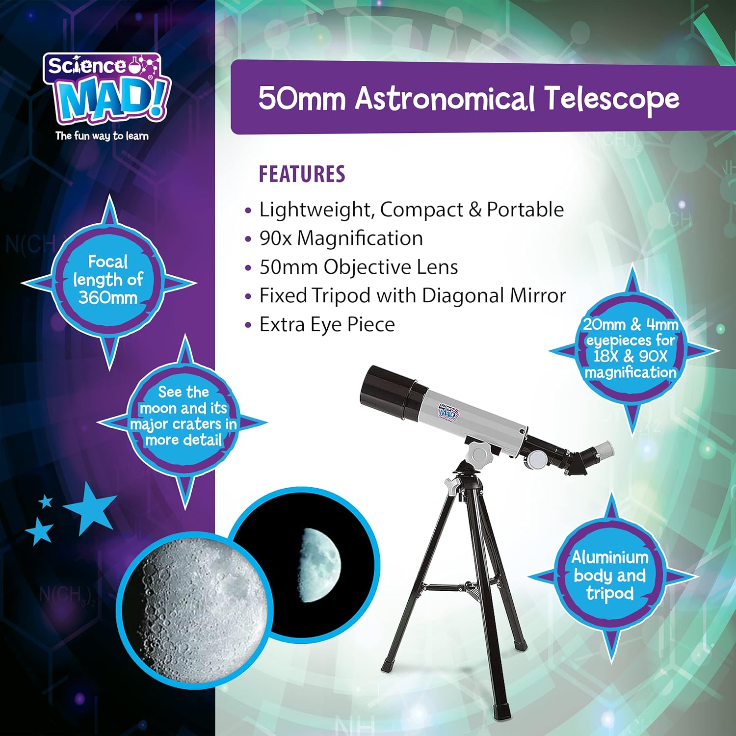 Science Mad SM52 50mm Astronomical Telescope - 90X Magnification for Kids 8+ 5