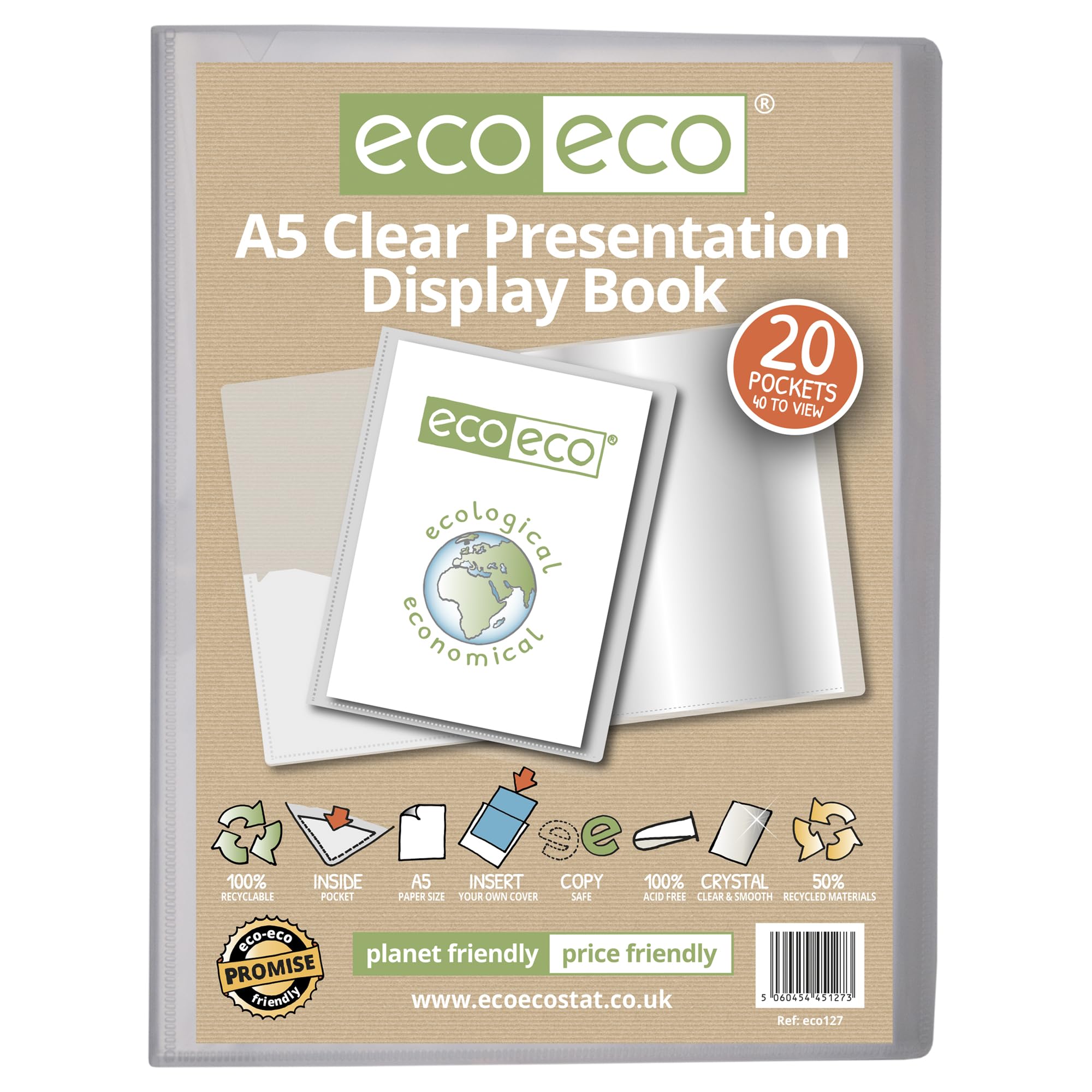 eco-eco A5 20 Pocket Recycled Clear Presentation Display Book | Storage Case Portfolio | eco127