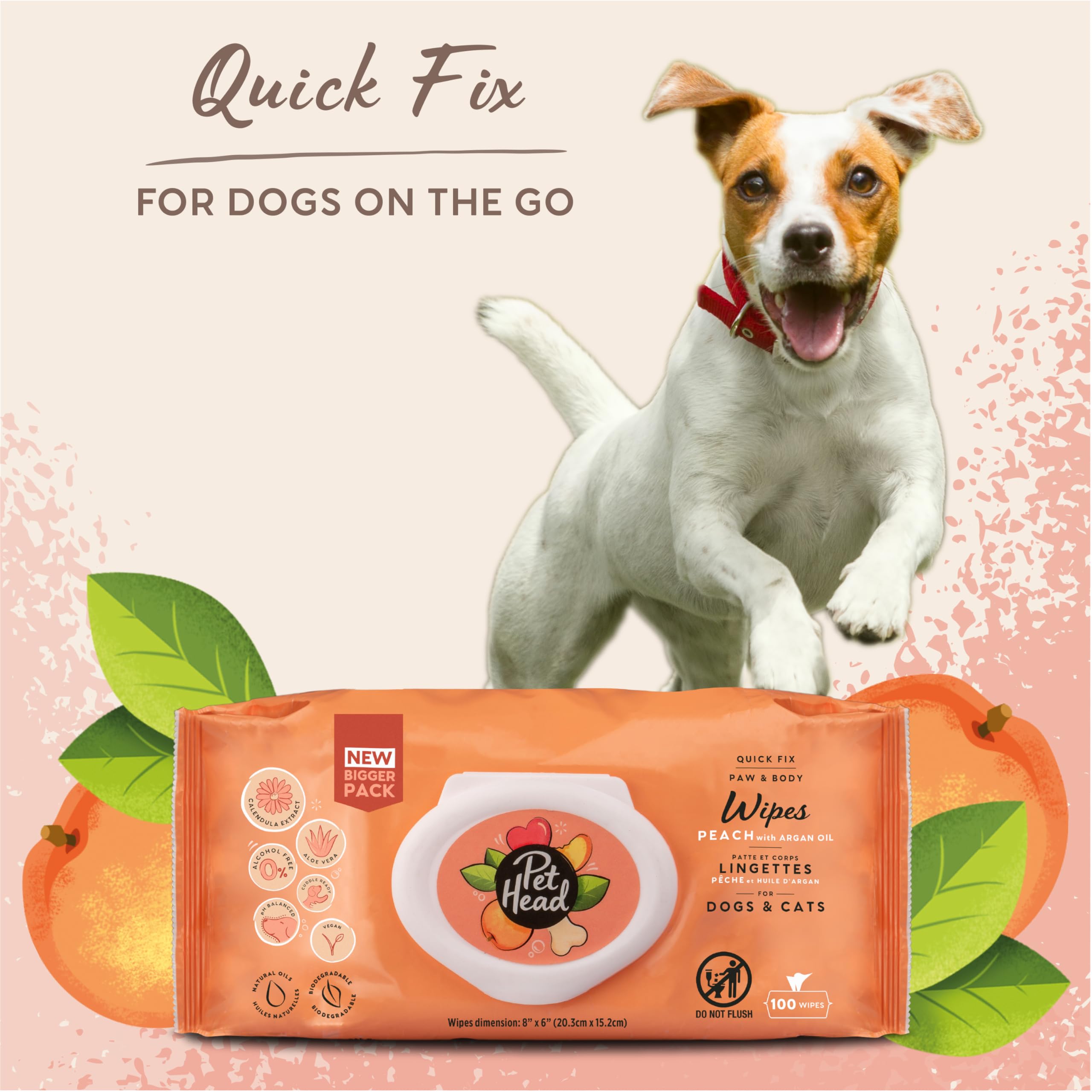 Pet Head Quick Fix Paw and Body Wipes for Cats and Dogs - 100 Wipes | Peach Scent 3