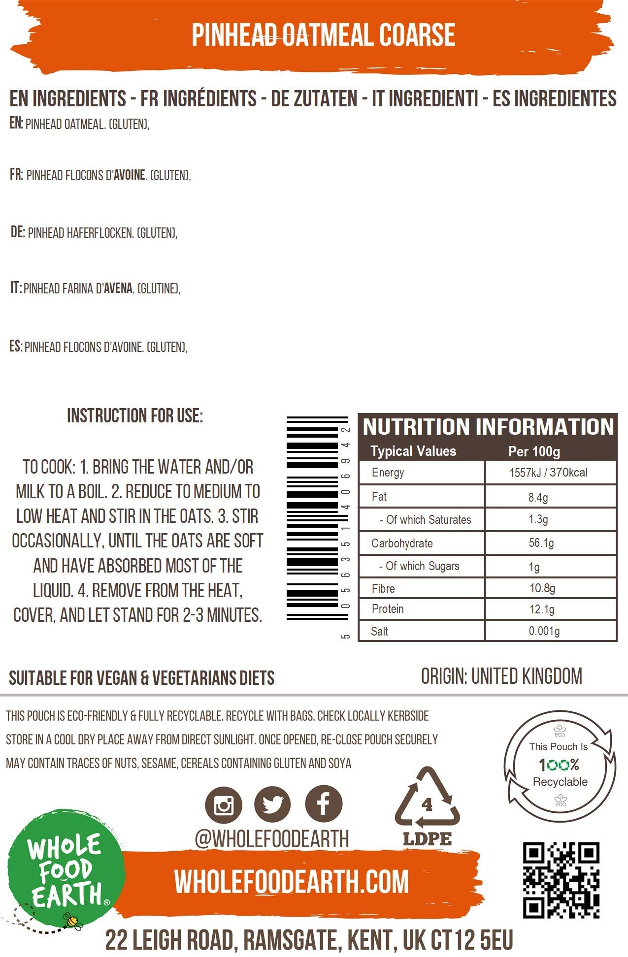 Wholefood Earth Pinhead Oatmeal Coarse Stabilised 1 kg | GMO Free | High Fibre 6