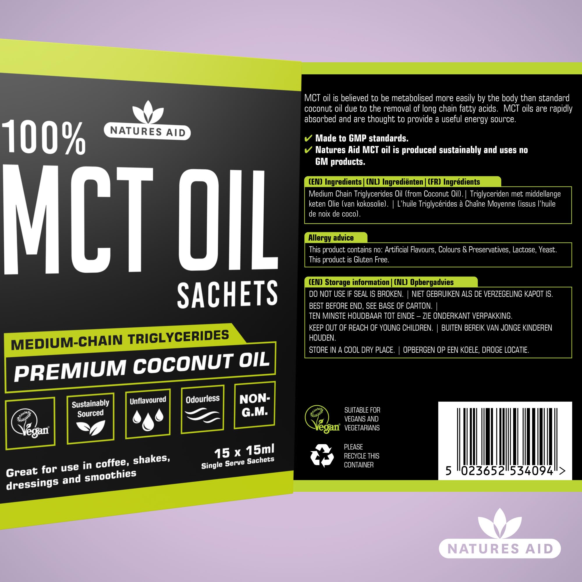 Natures Aid MCT Oil 15 x 15ml Sachets - 100% Pure Coconut Oil for Coffee, Smoothies, Shakes & Dressings - Vegan, Vegetarian, Sustainably Sourced 5
