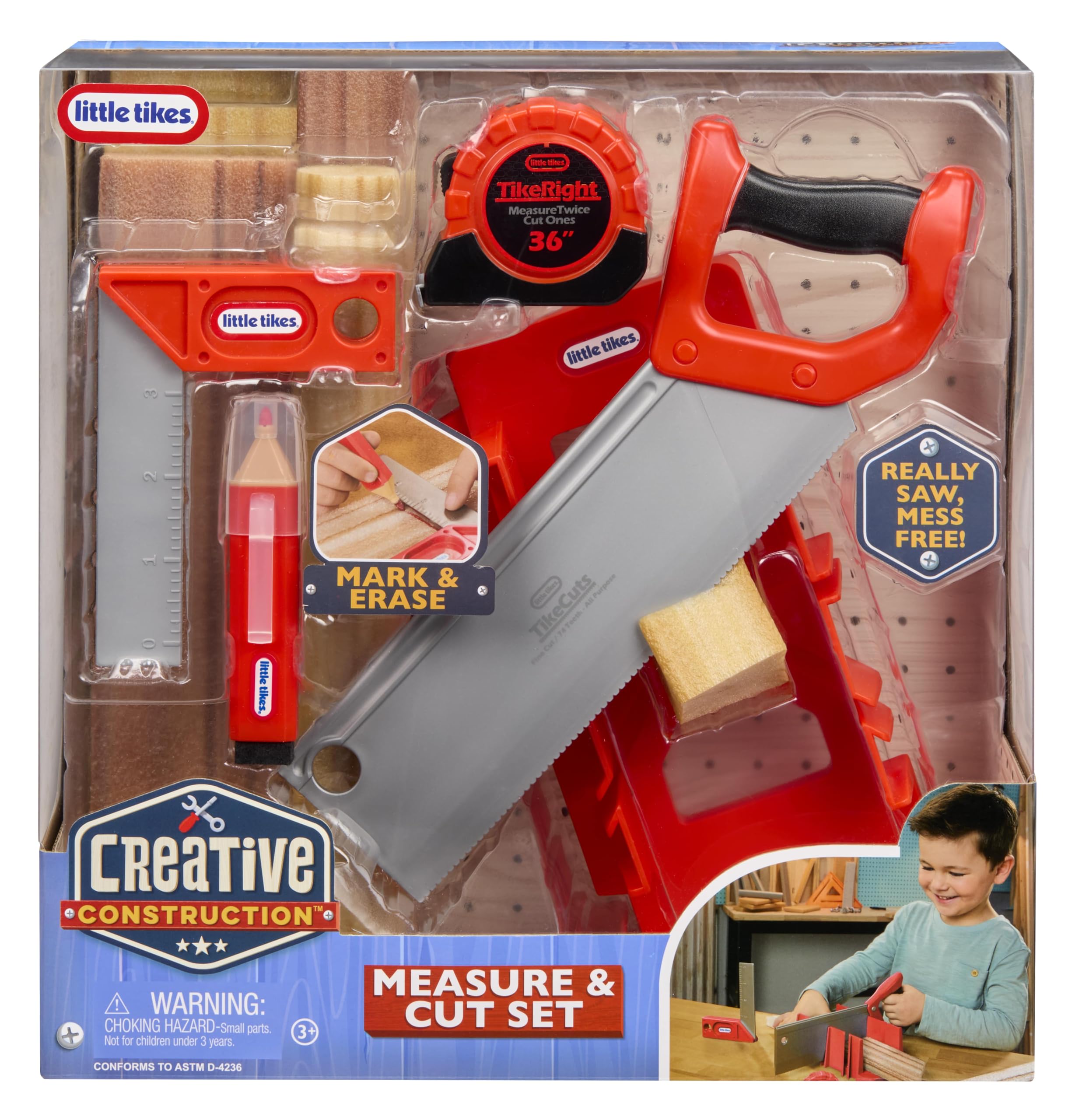 Little Tikes Creative Construction Measure & Cut Set - Pretend Play Building Kit with 5 Realistic Tools and Foam Wood 4