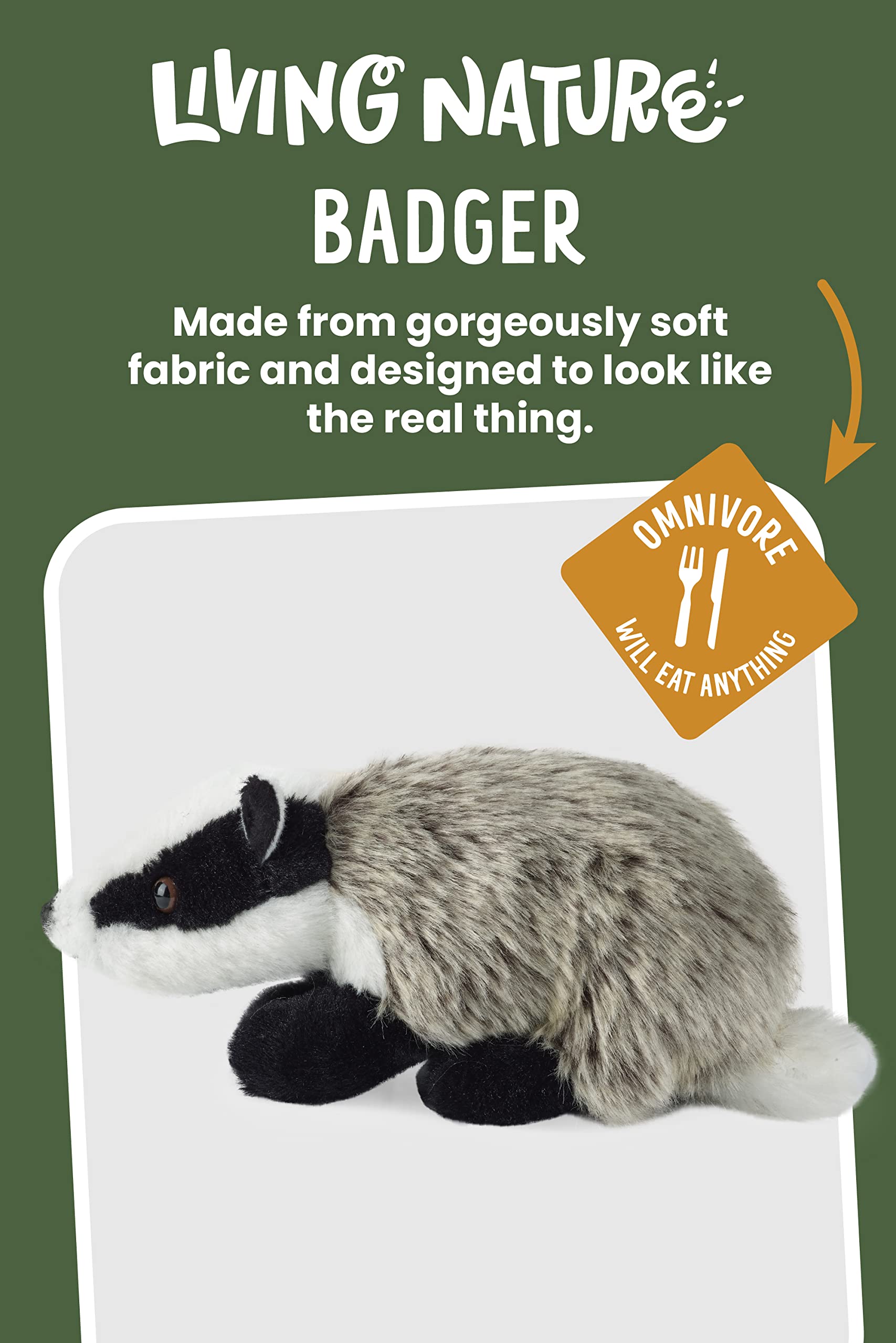 Living Nature Soft Toy - Medium Badger (20cm) - Realistic Plush with Educational Fact Tag 9
