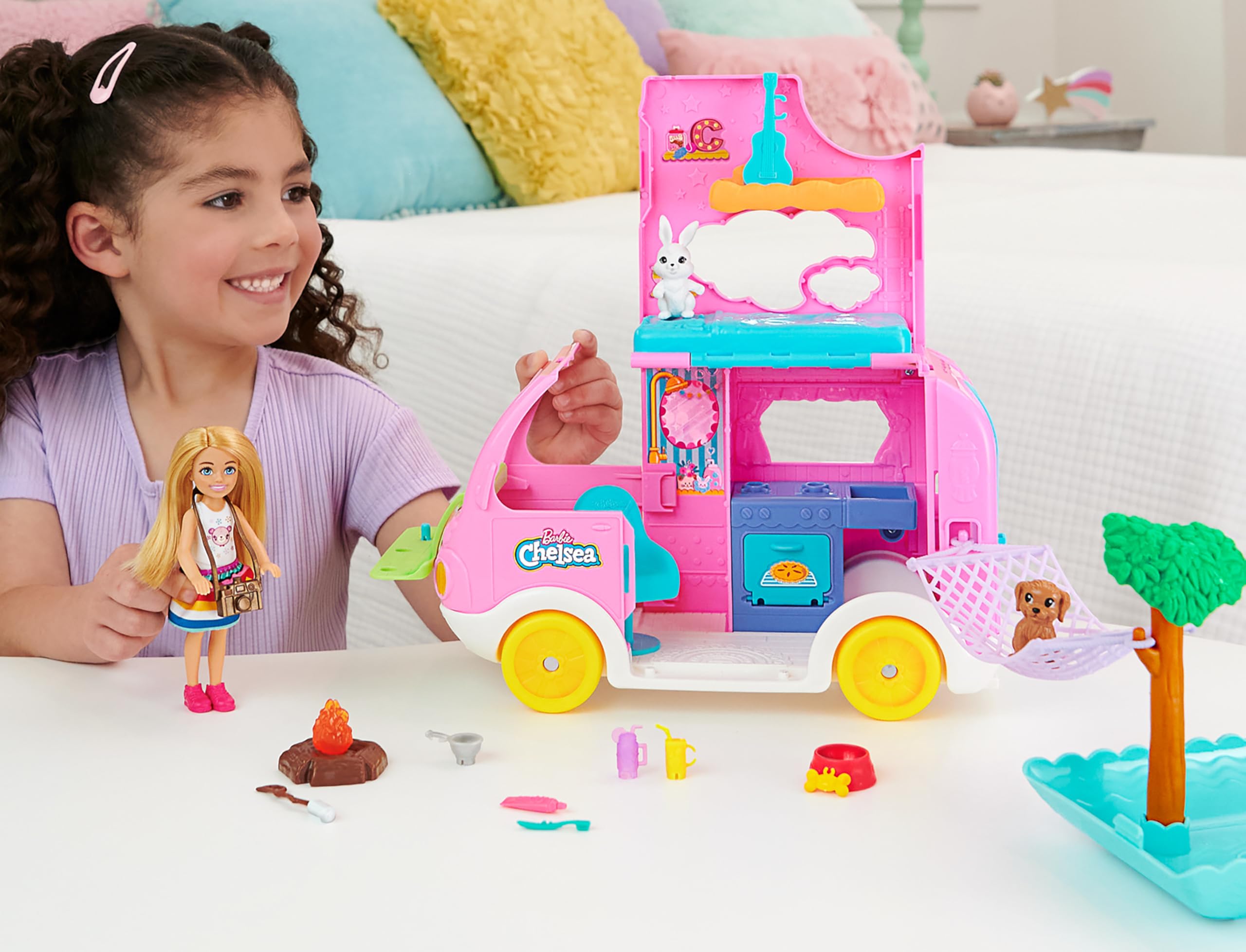 Barbie Chelsea 2-in-1 Camper Playset - Transforming Vehicle with Doll, 2 Pets & 15 Accessories for Kids 3+ 9