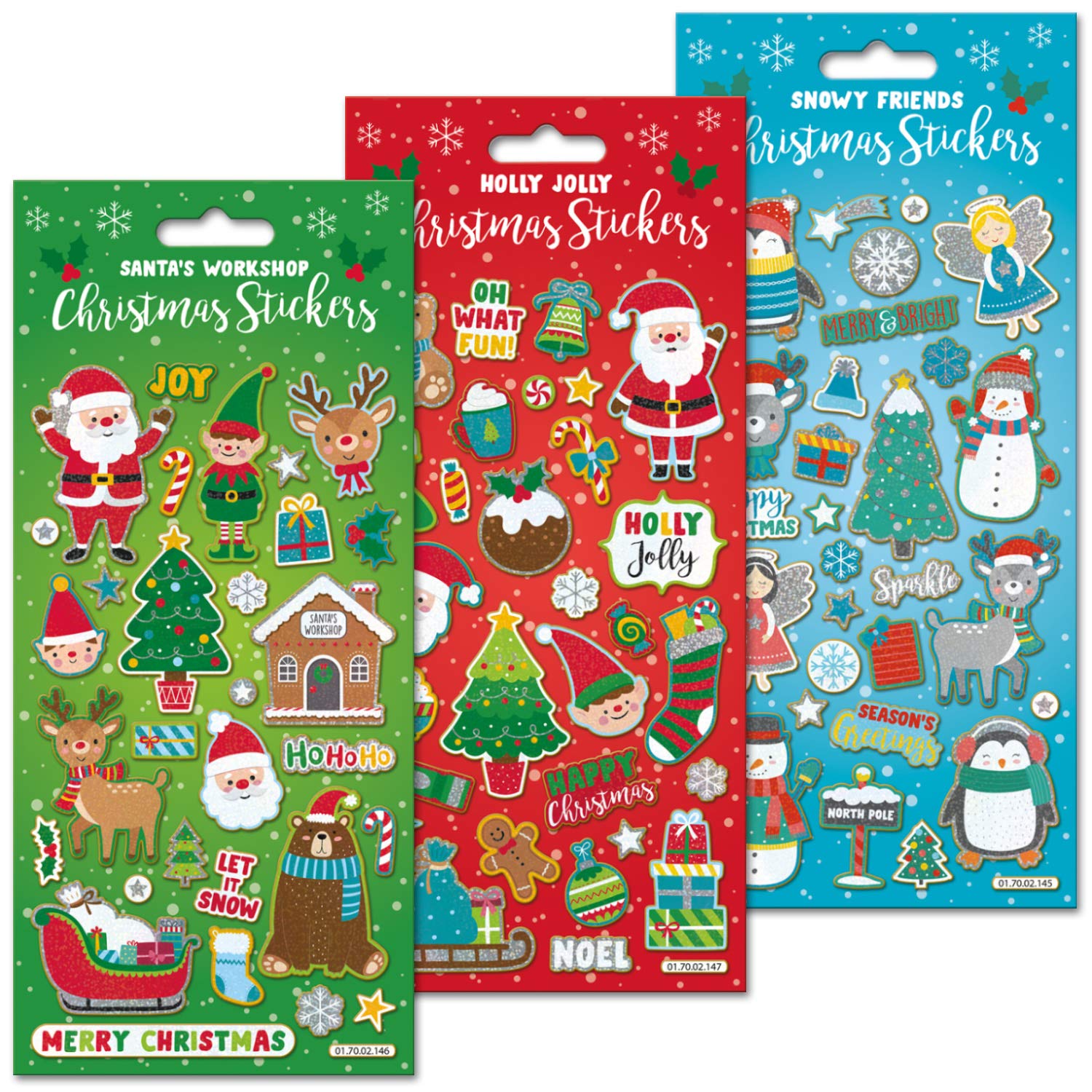 Paper Projects Sparkly Reusable Christmas Sticker Collection - Snowy Friends, Santa's Workshop, Holly Jolly Designs