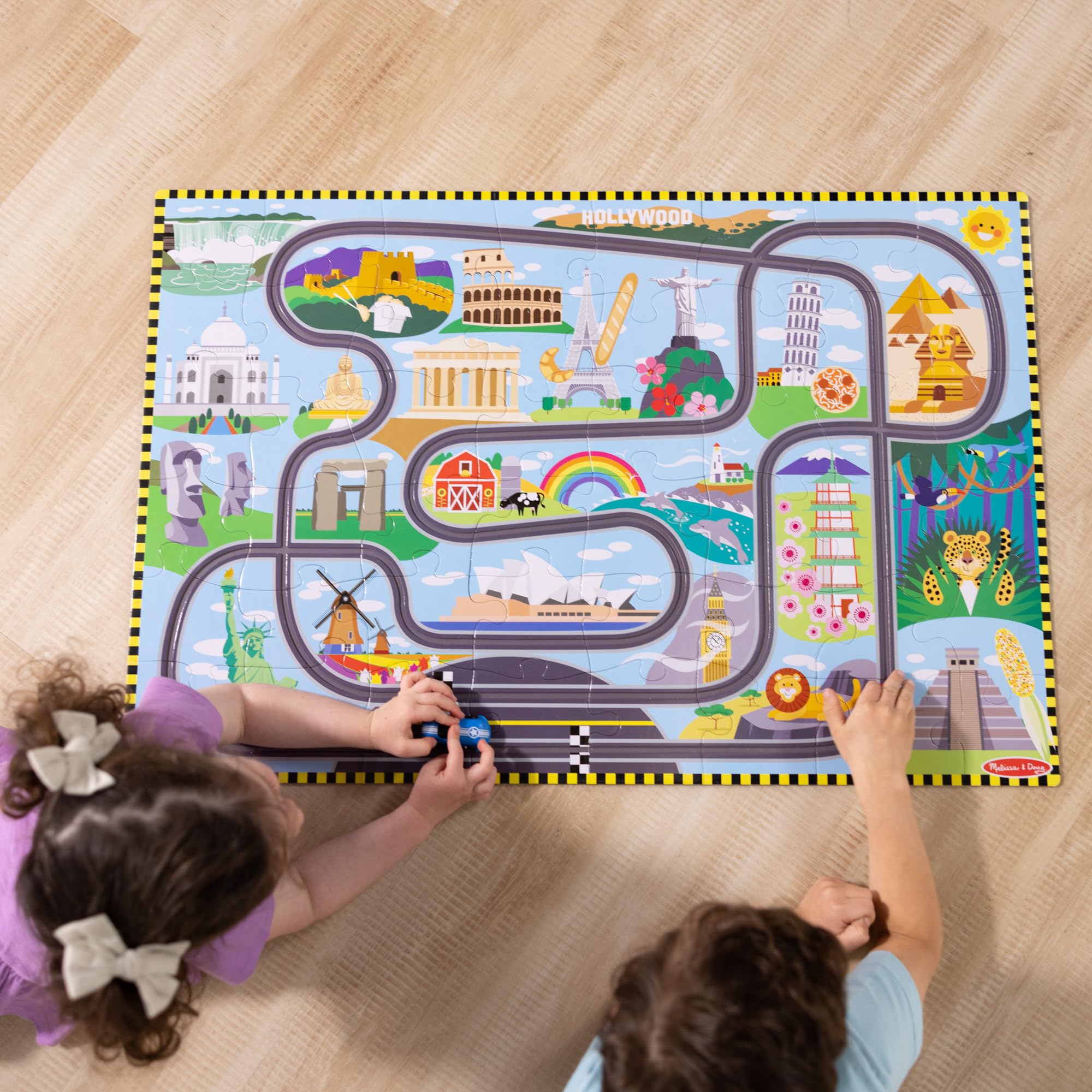 Melissa & Doug Race Around the World Floor Puzzle - 48 Pieces, Includes 2 Wind-Up Vehicles | Ages 3+ 7