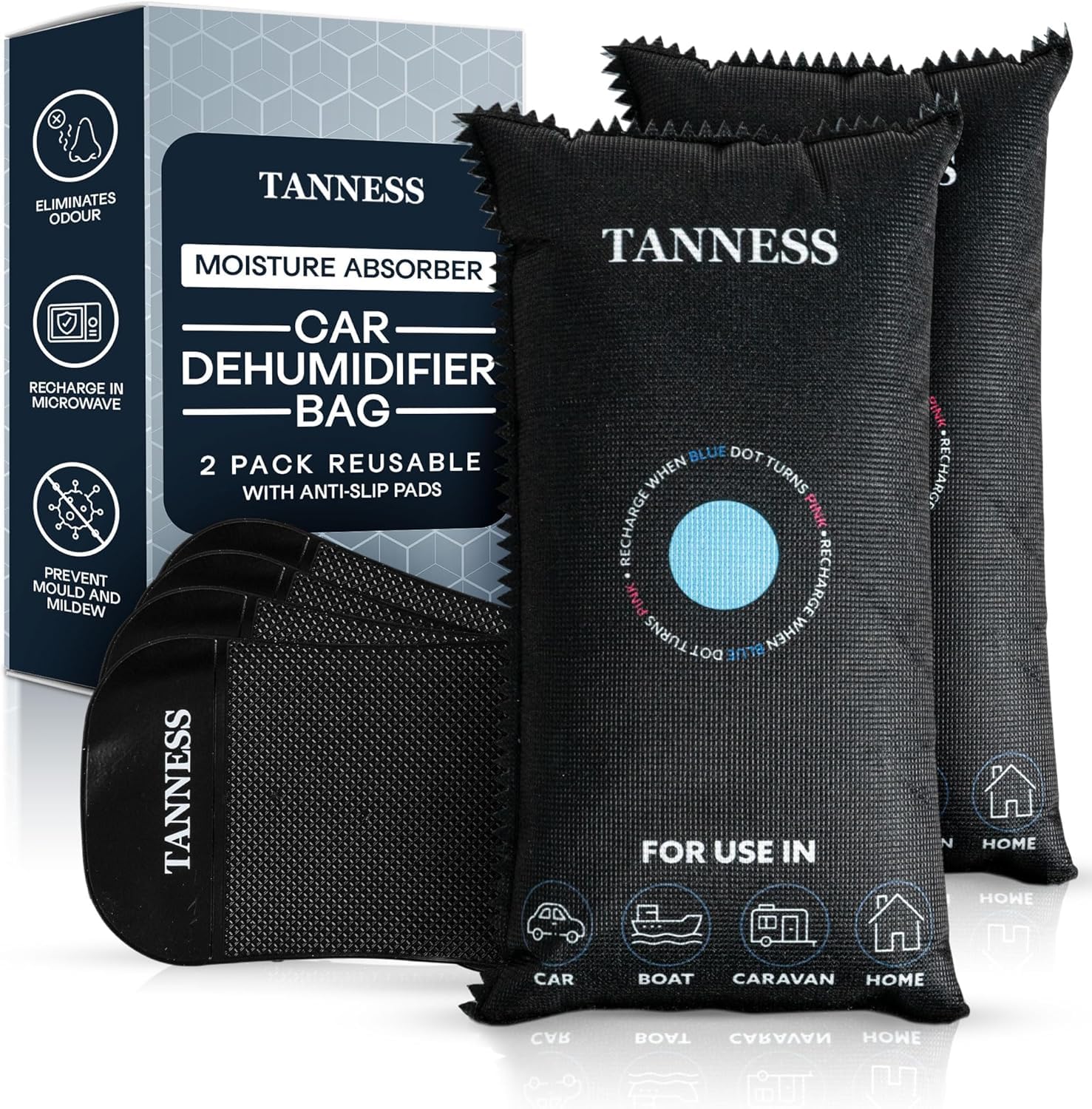 TANNESS - 2 Pack x 1kg Car Dehumidifier Bags with Anti-Slip Pads