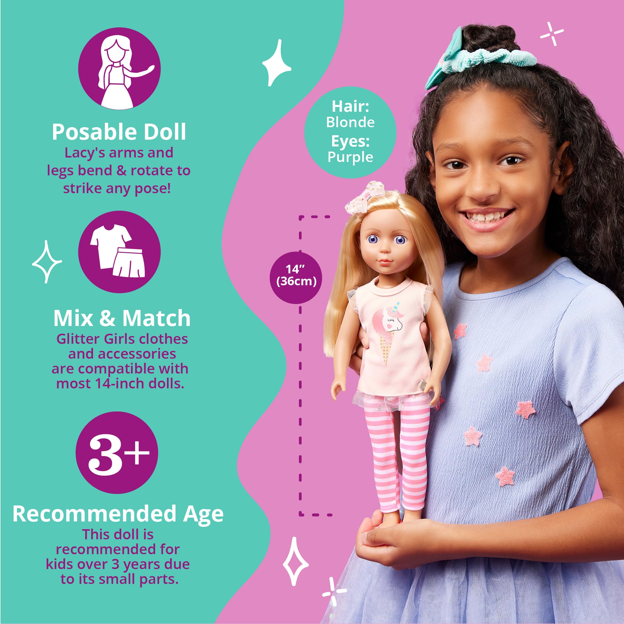 Glitter Girls Lacy - 14-Inch Posable Fashion Doll with Blonde Hair & Purple Eyes - Pink Tunic Outfit 7