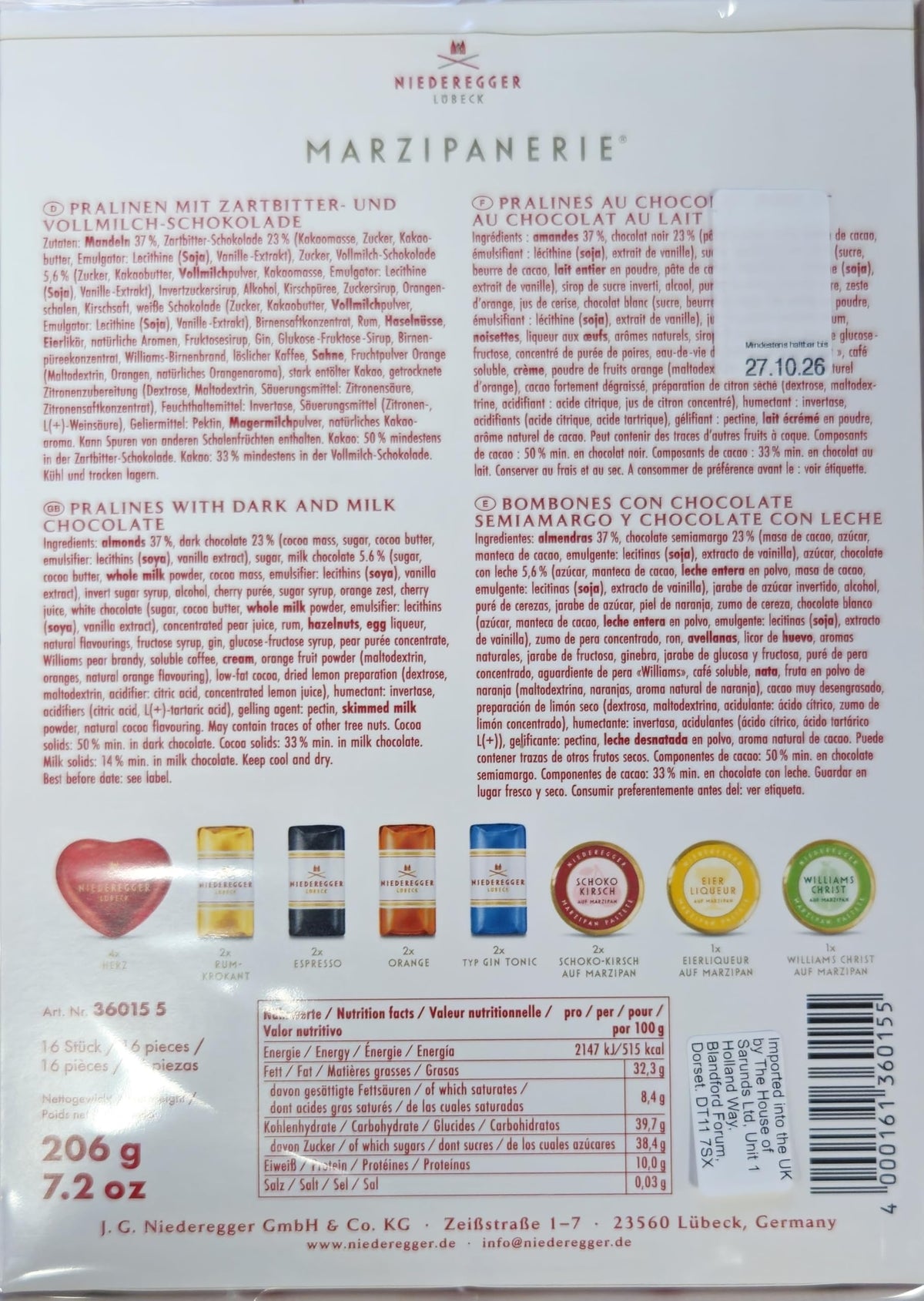 Niederegger Marzipanerie Assorted Marzipan Treats Selection Box - 206g