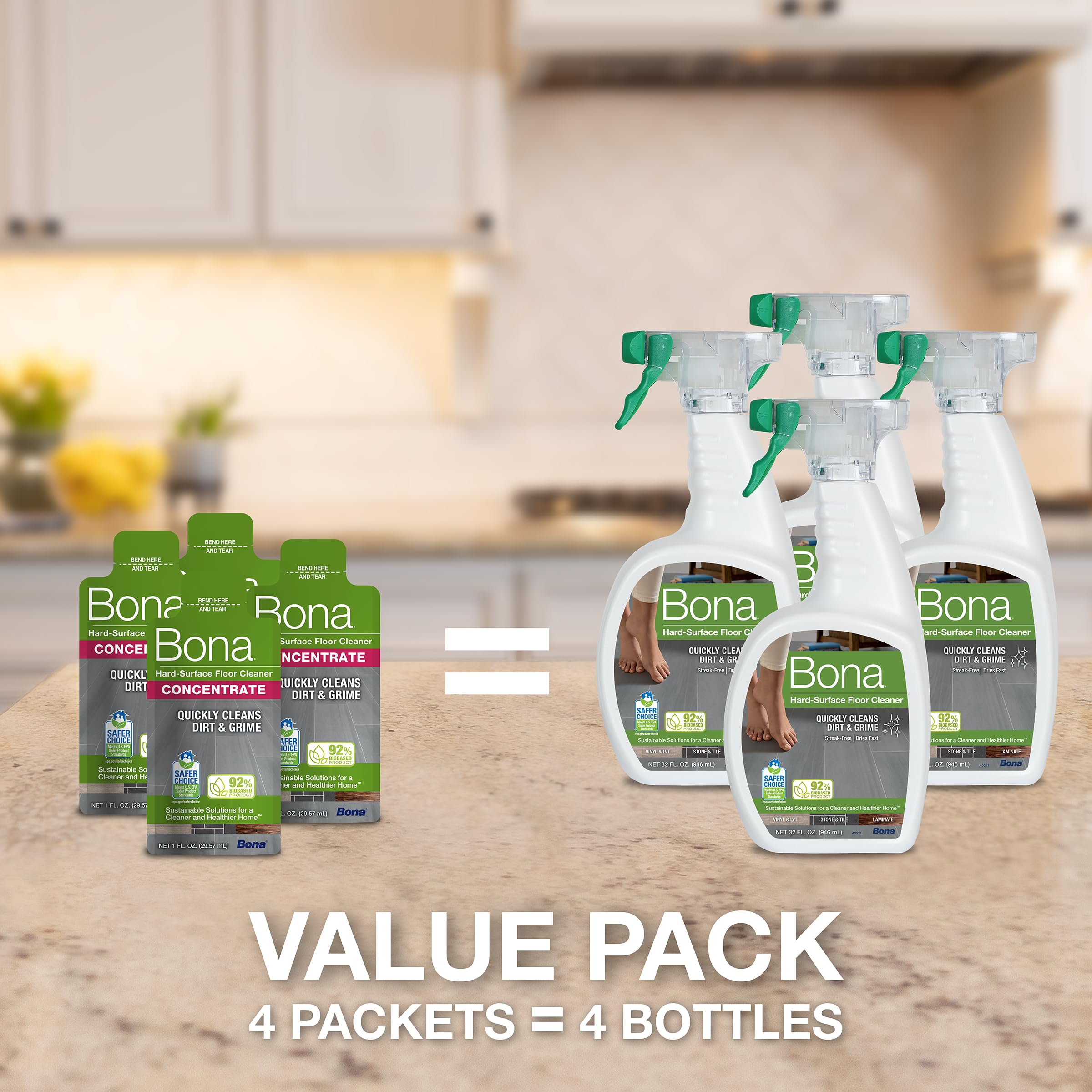 Bona Hard-Surface Floor Cleaner Liquid Concentrate Pouches for Tile, Laminate & LVT | 4 x 60ml 2