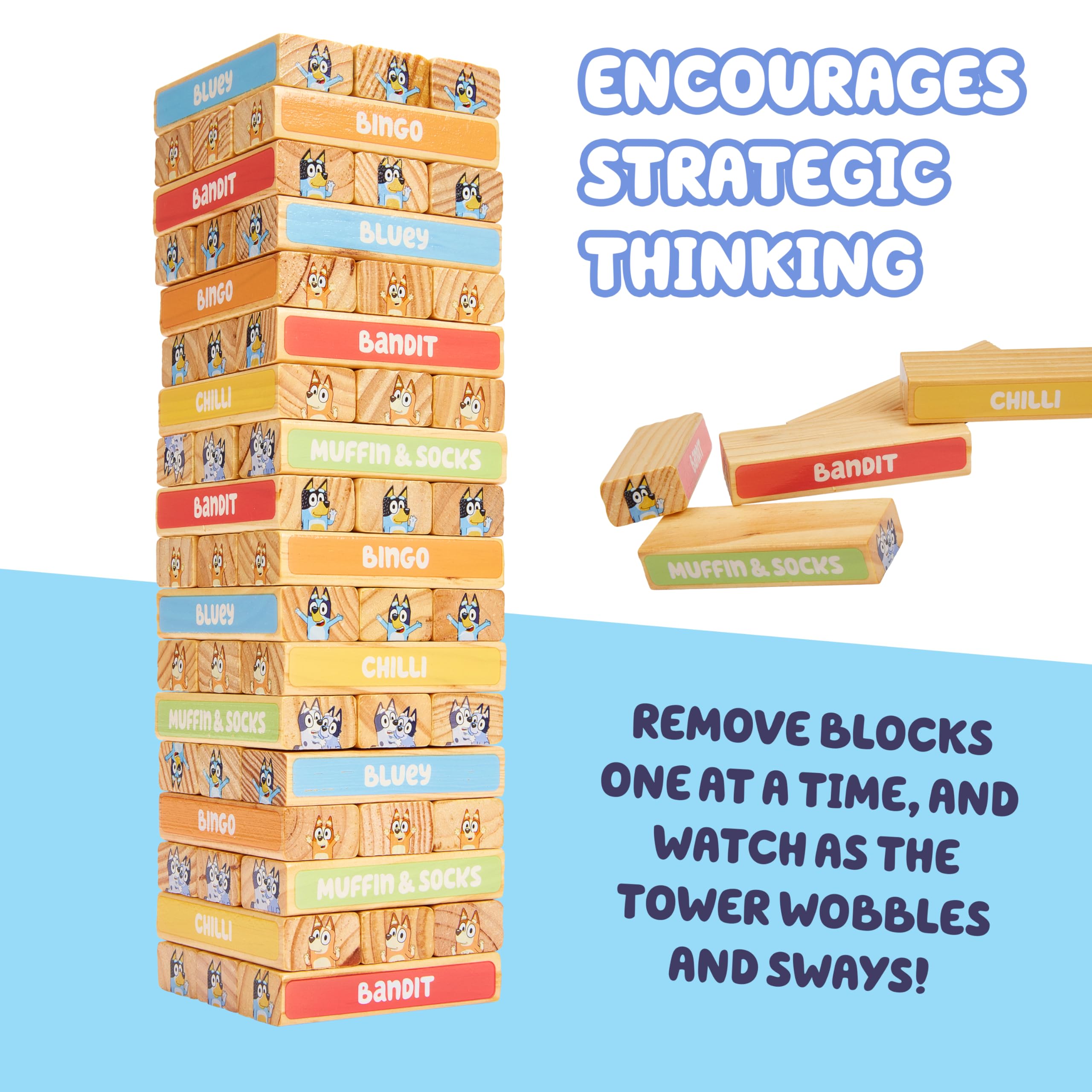 Bluey Tumbling Tower Game - 54 FSC-Certified Wooden Blocks for Stacking Fun 13