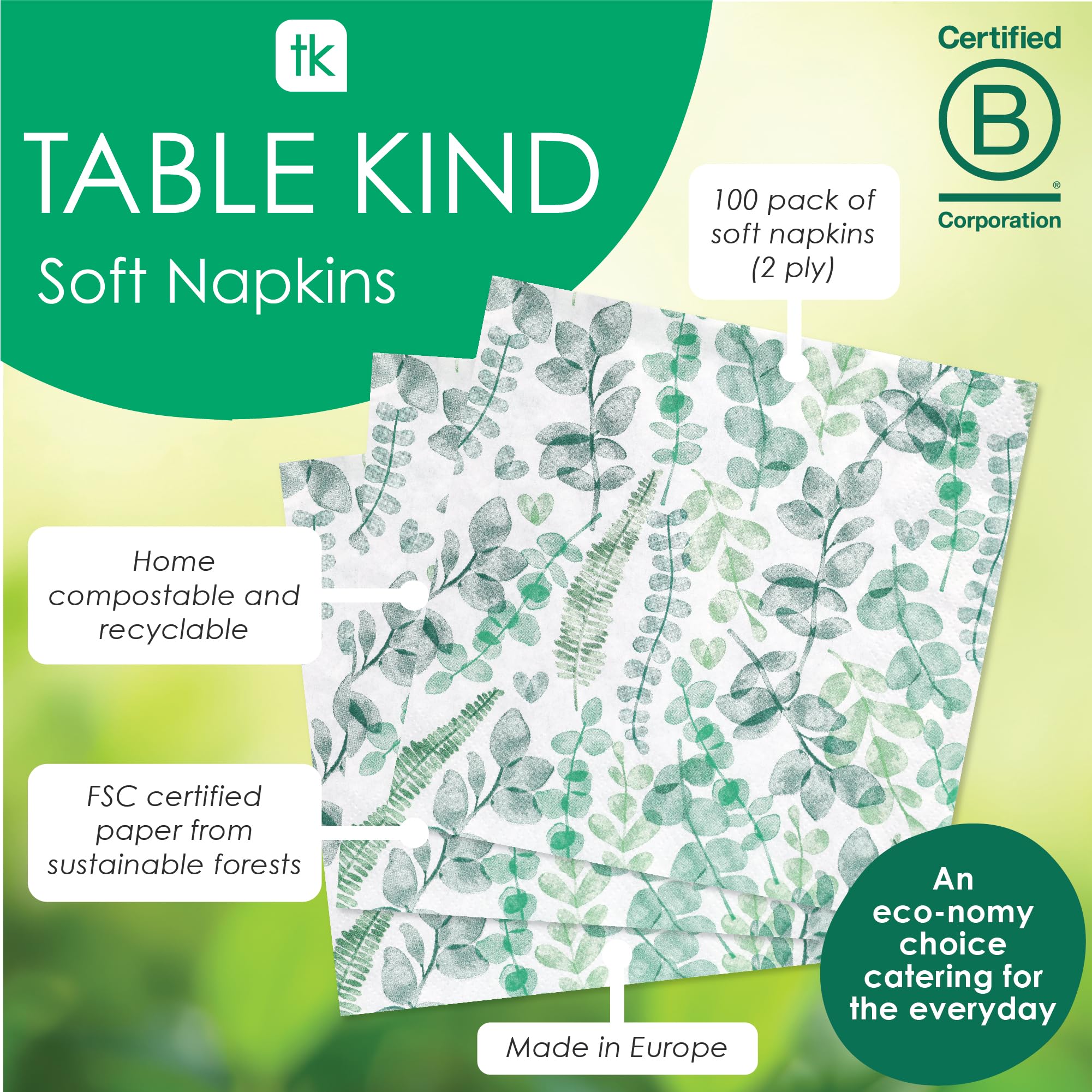 Talking Tables Green Leaves 2-Ply Soft Paper Napkins 100-Pack Eco-Friendly Compostable Disposable 33cm 4