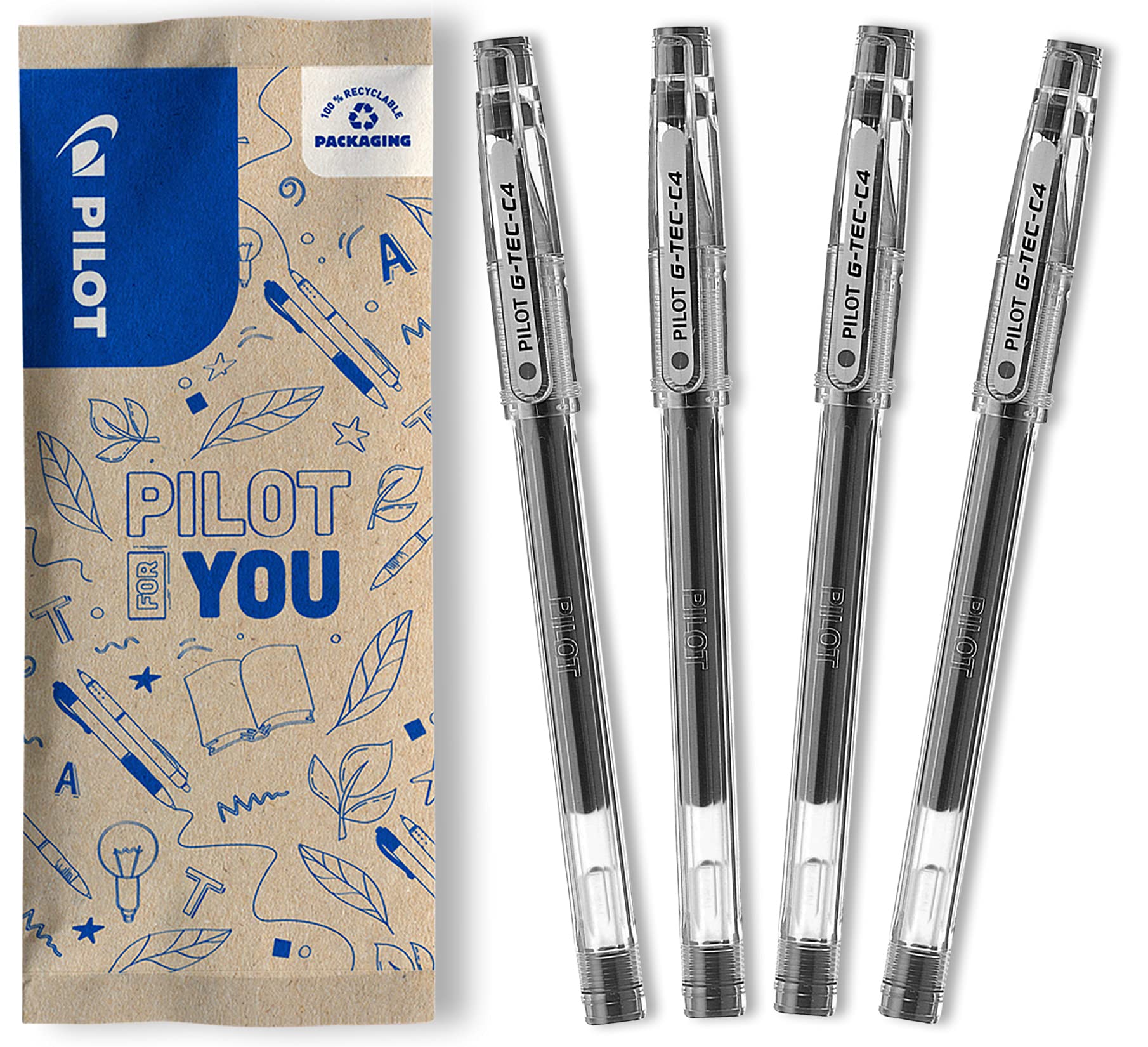 PILOT G-Tec C4 Gel Rollerball Pen - Ultra-Fine 0.2mm Line, Black Ink | Pack of 4