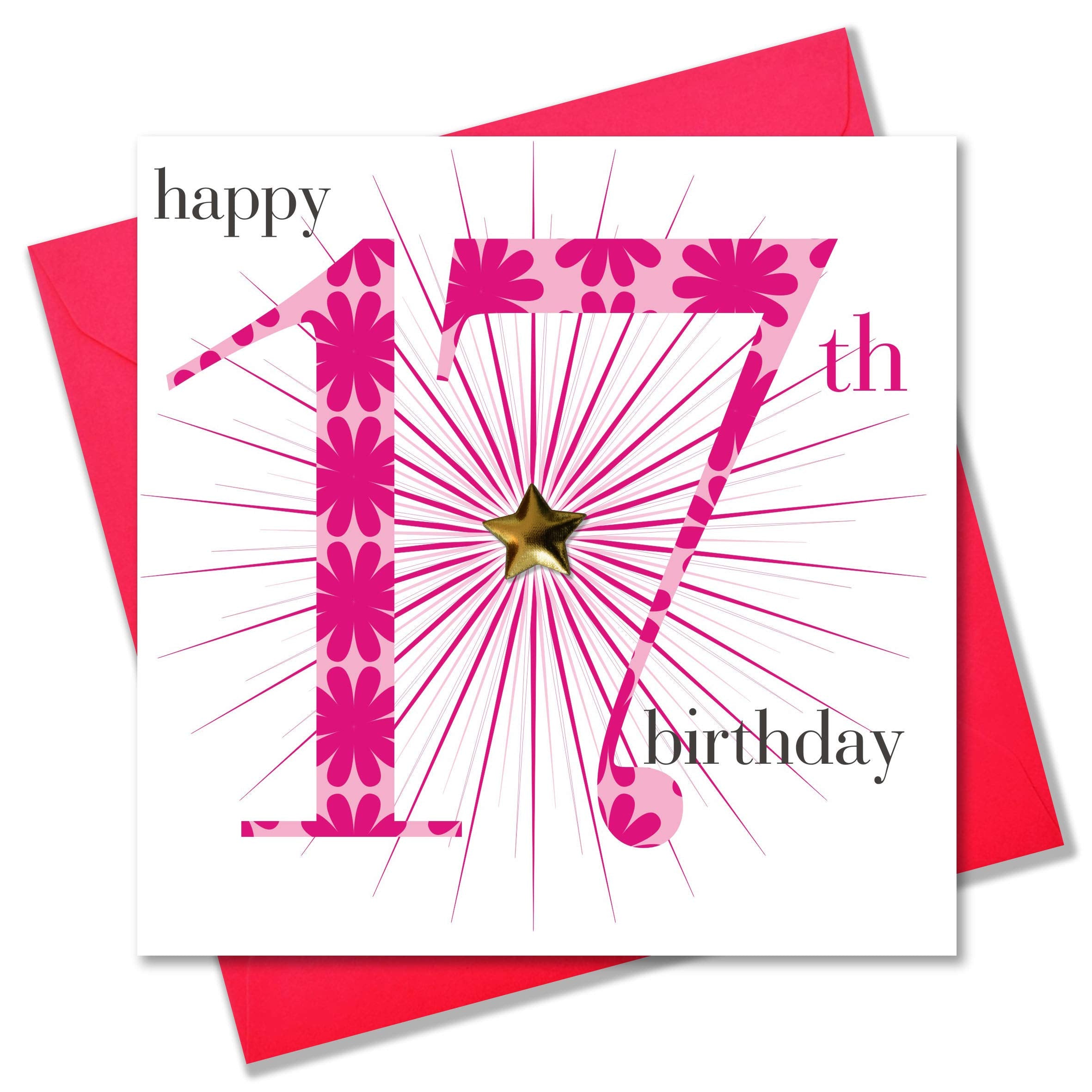Claire Giles Greeting Cards 17th Birthday Card for Girls | 150x150mm Pink Card with Gold Padded Star 1