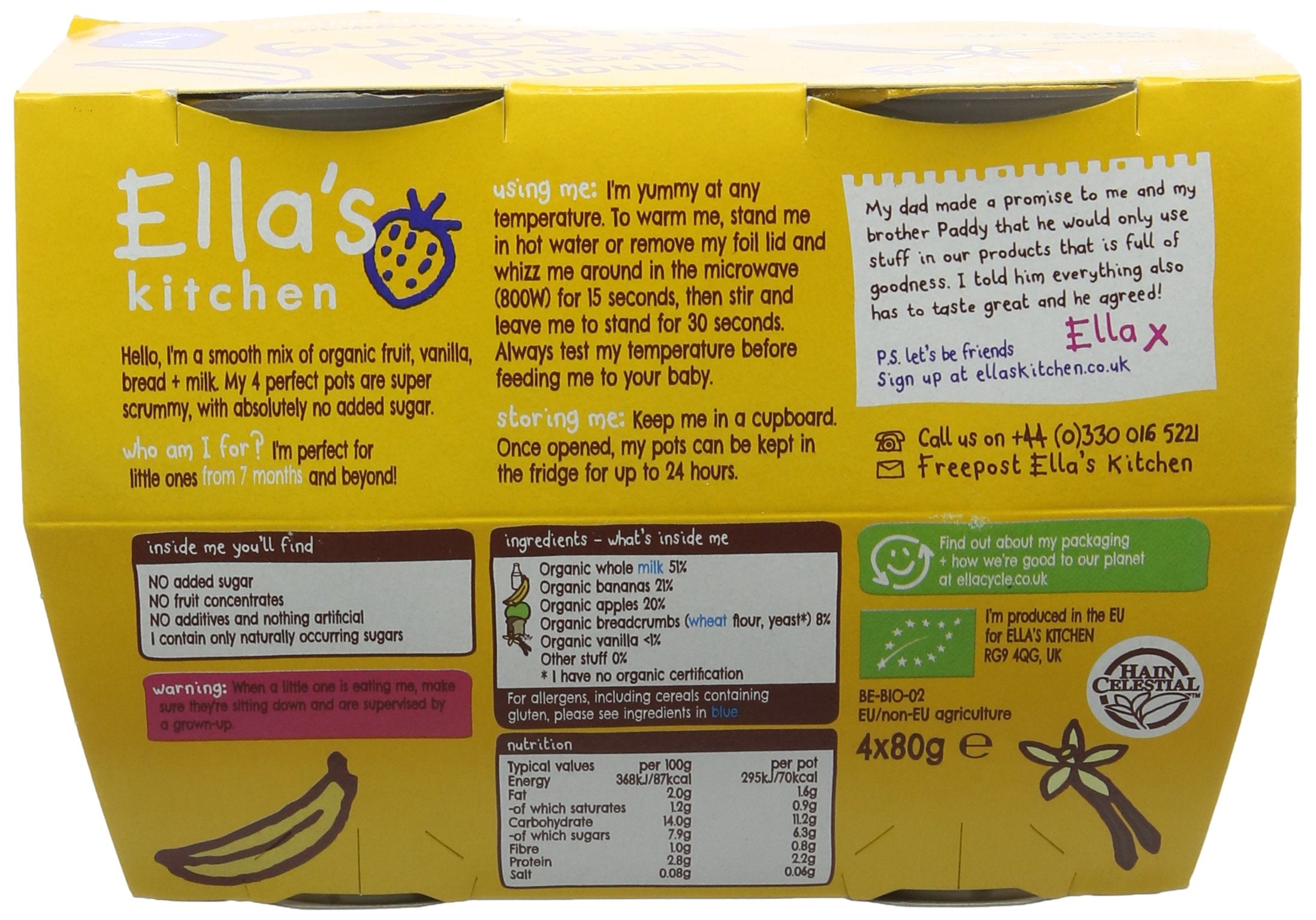 Ella's Kitchen Organic Banana & Vanilla Bread Pudding, 4 x 80g