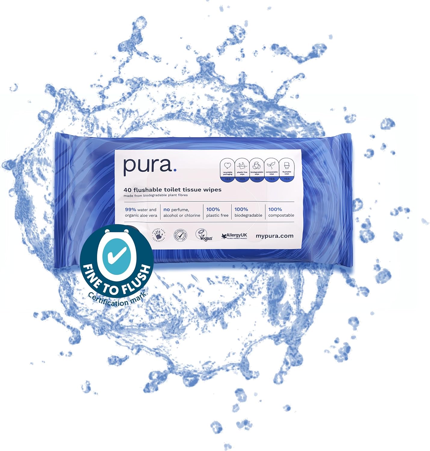 Pura - Flushable Moist Toilet Tissue Wipes 100% Plastic-Free Biodegradable Wet Wipes (40 Count)