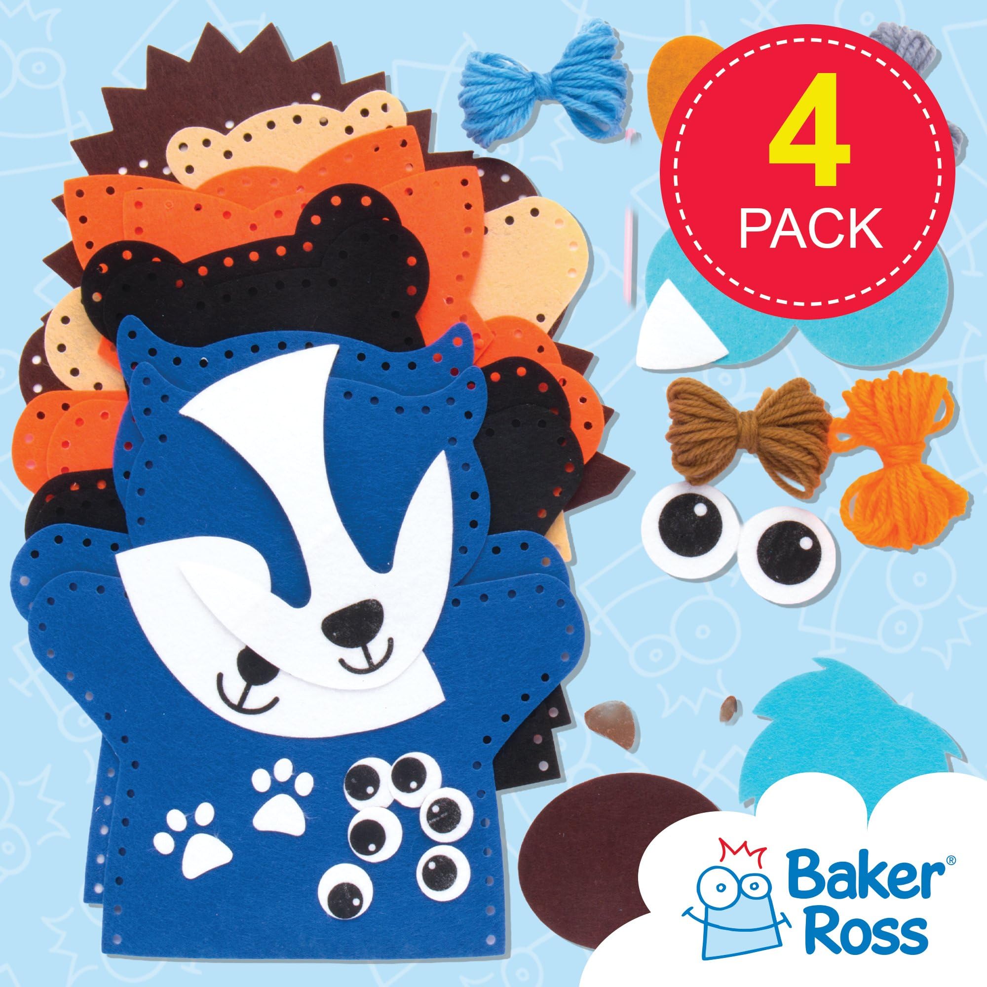 Baker Ross Woodland Animal Hand Puppet Sewing Kits - Pack of 4 for Kids Arts and Crafts