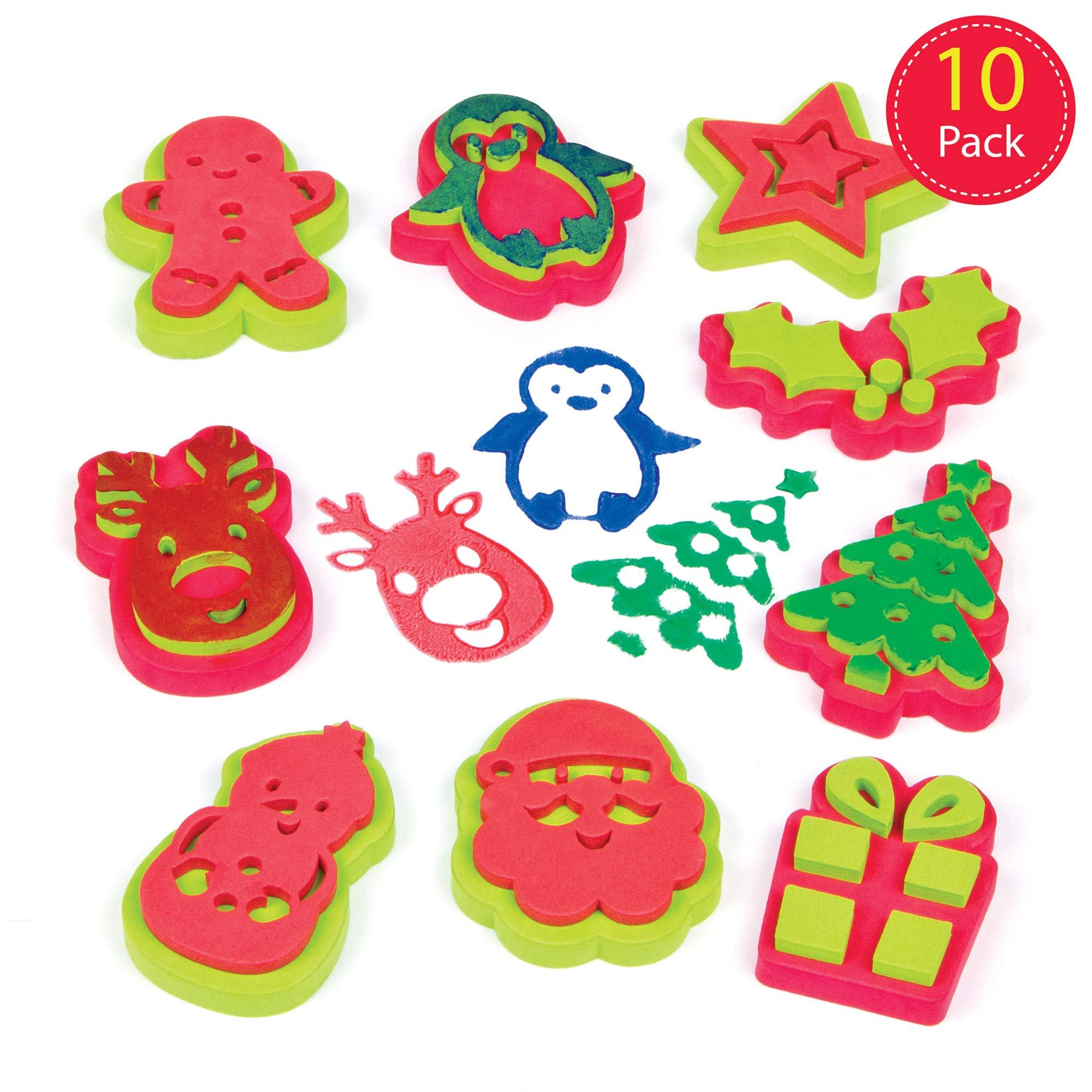 Baker Ross AF808 Christmas Foam Stampers - Pack of 10 Assorted Kids Arts & Crafts Stamping Set