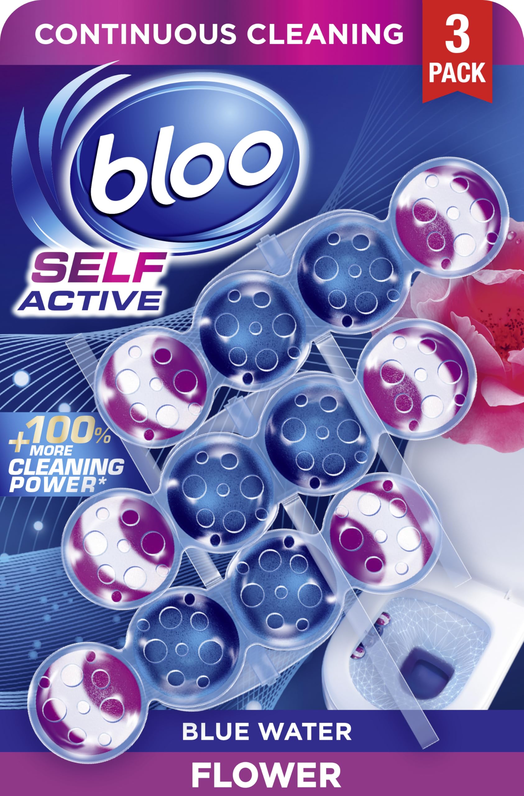 Bloo Self Active Toilet Rim Block Cleaner with Flower Scent, 4-Function Formula, Pack of 3