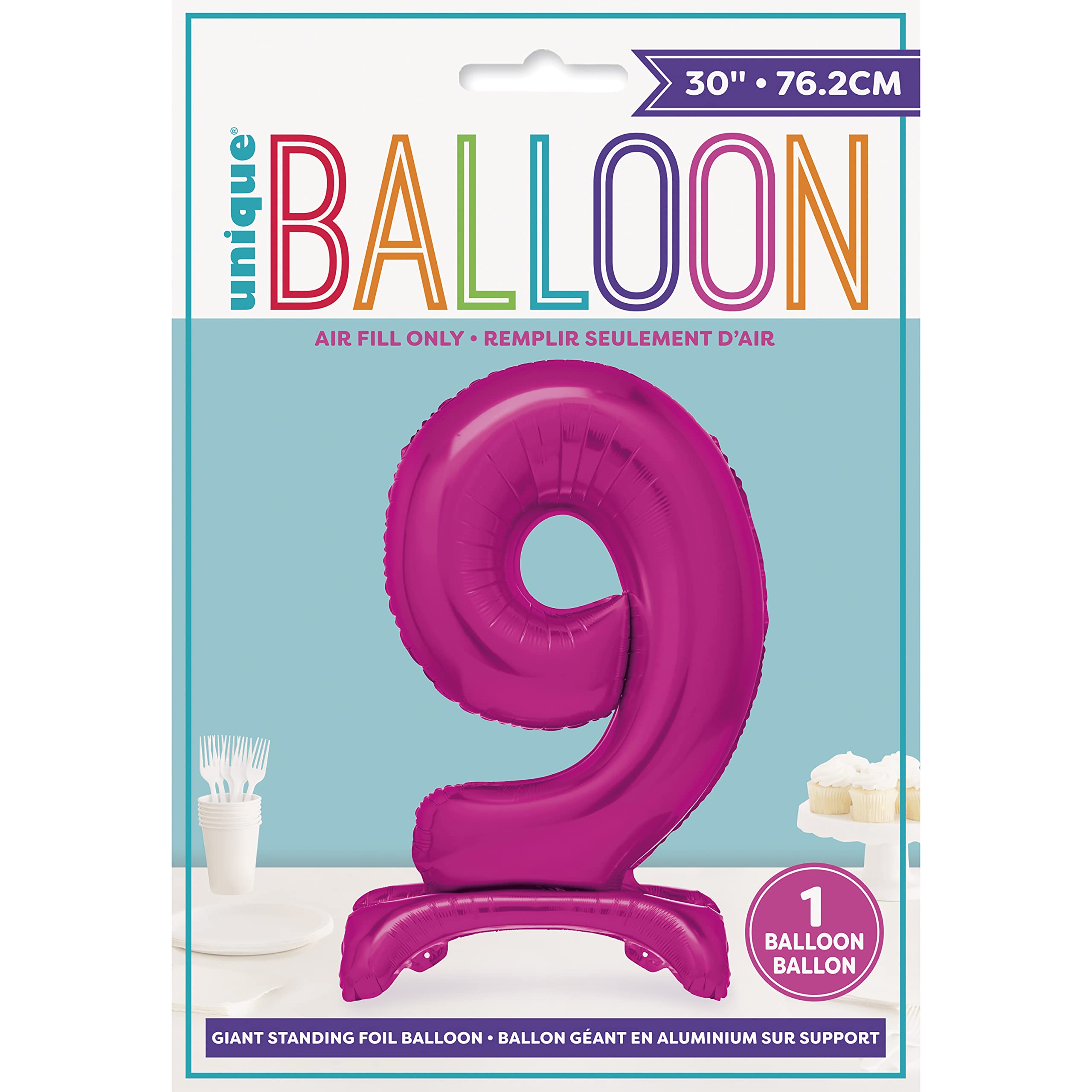 Unique Hot Pink Standing Number 9 Foil Balloon 30" - Party Decor