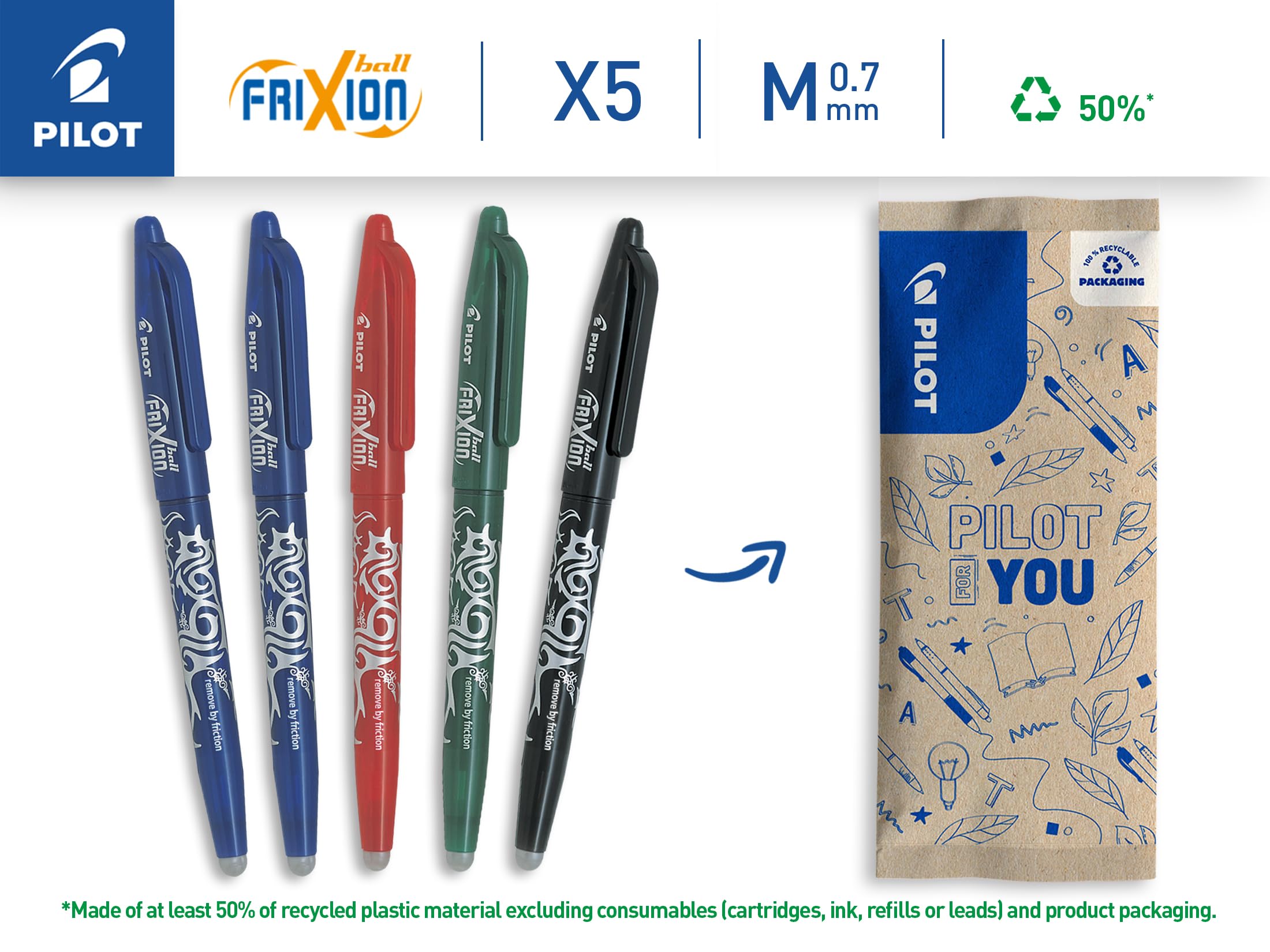 PILOT FriXion Ball Erasable Rollerball Pen - Medium 0.7mm Tip | Pack of 5 Assorted Colors 2