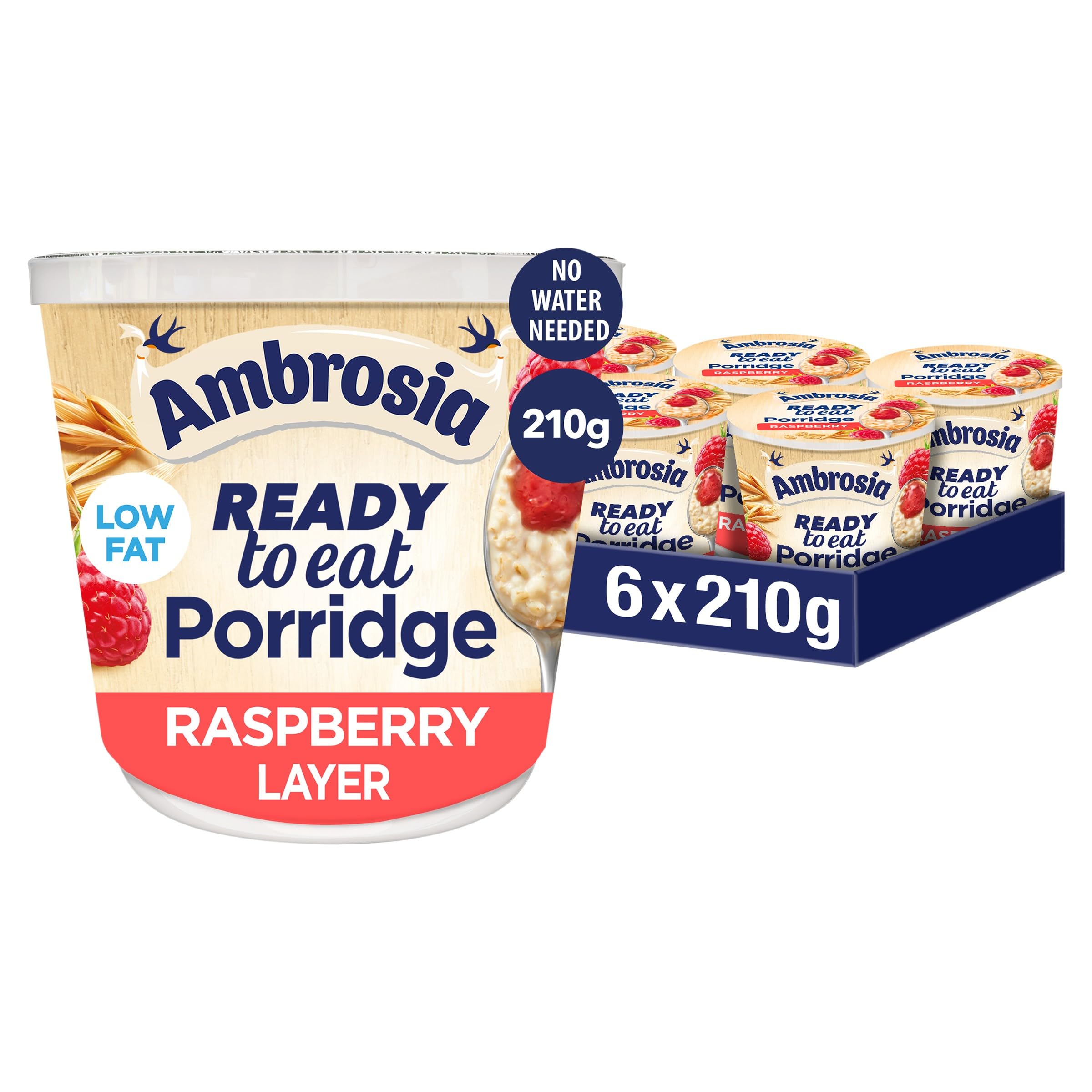 Ambrosia Raspberry Layered Porridge Pots with British Wholegrain Oats, Ready-to-Eat, 210g (Pack of 6)