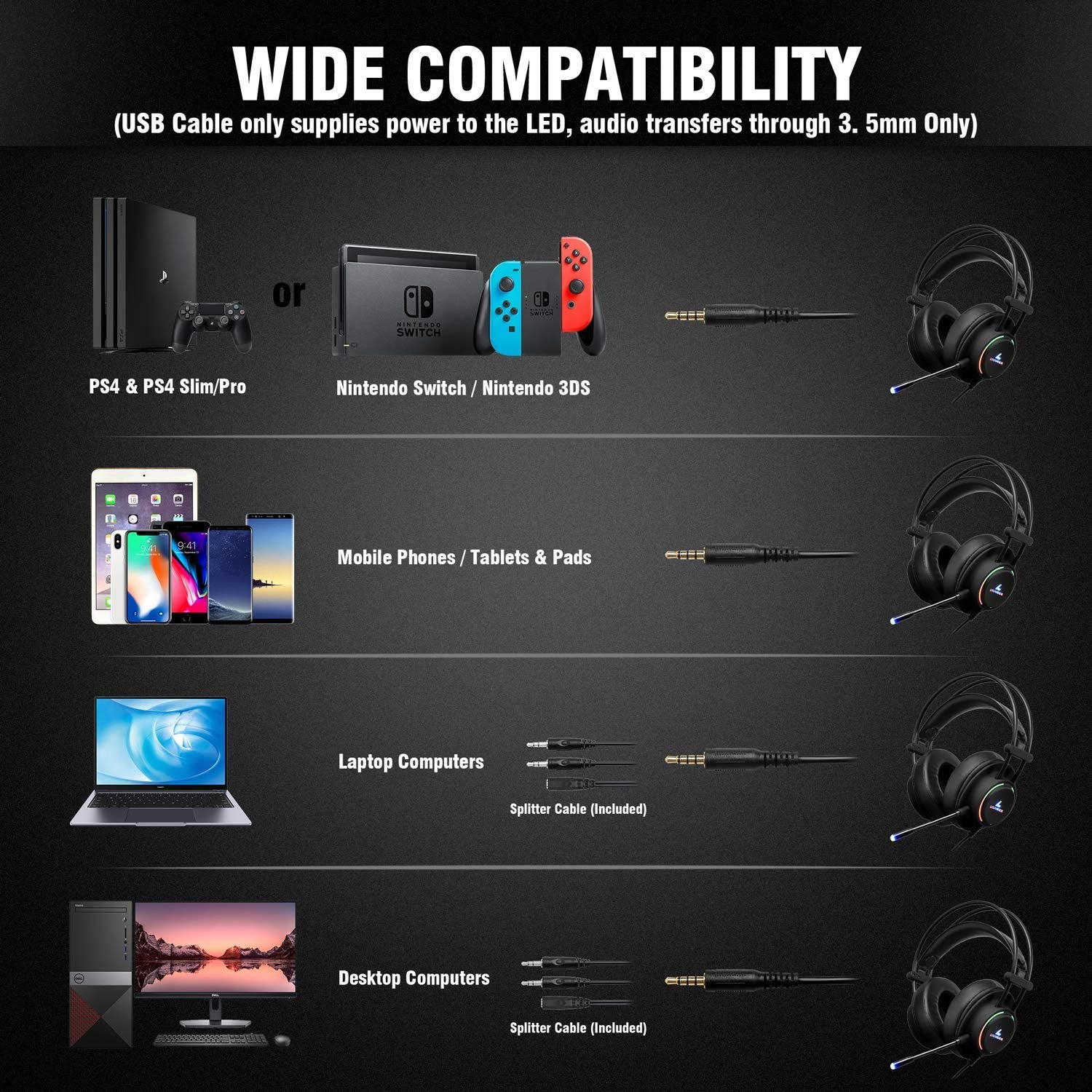 LYCANDER LGH-569 Gaming Headset with Microphone, 50mm Drivers, LED Light, 3.5mm for PC, PS, Xbox, Switch 11