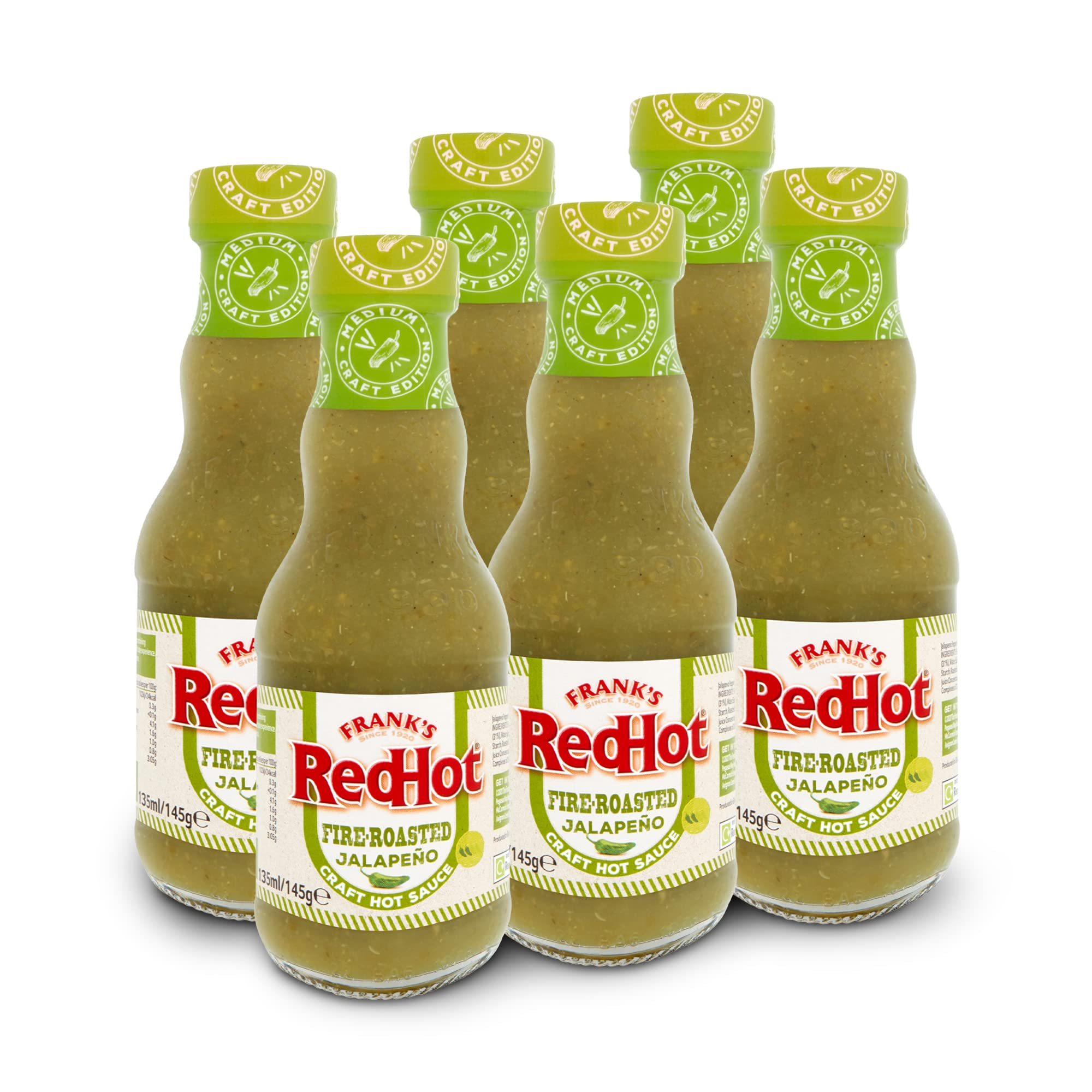 Frank's Fire-Roasted Jalapeño Craft Hot Sauce - 135 ml Bottles | Pack of 6 | Smokey Flavor