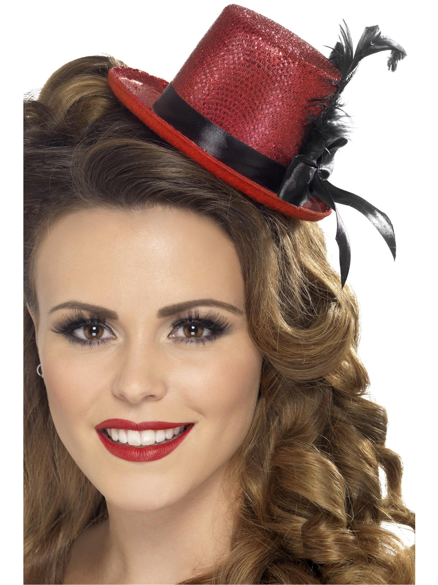 Smiffys 1920s Razzle Mini Top Hat with Black Ribbon and Feather - Red