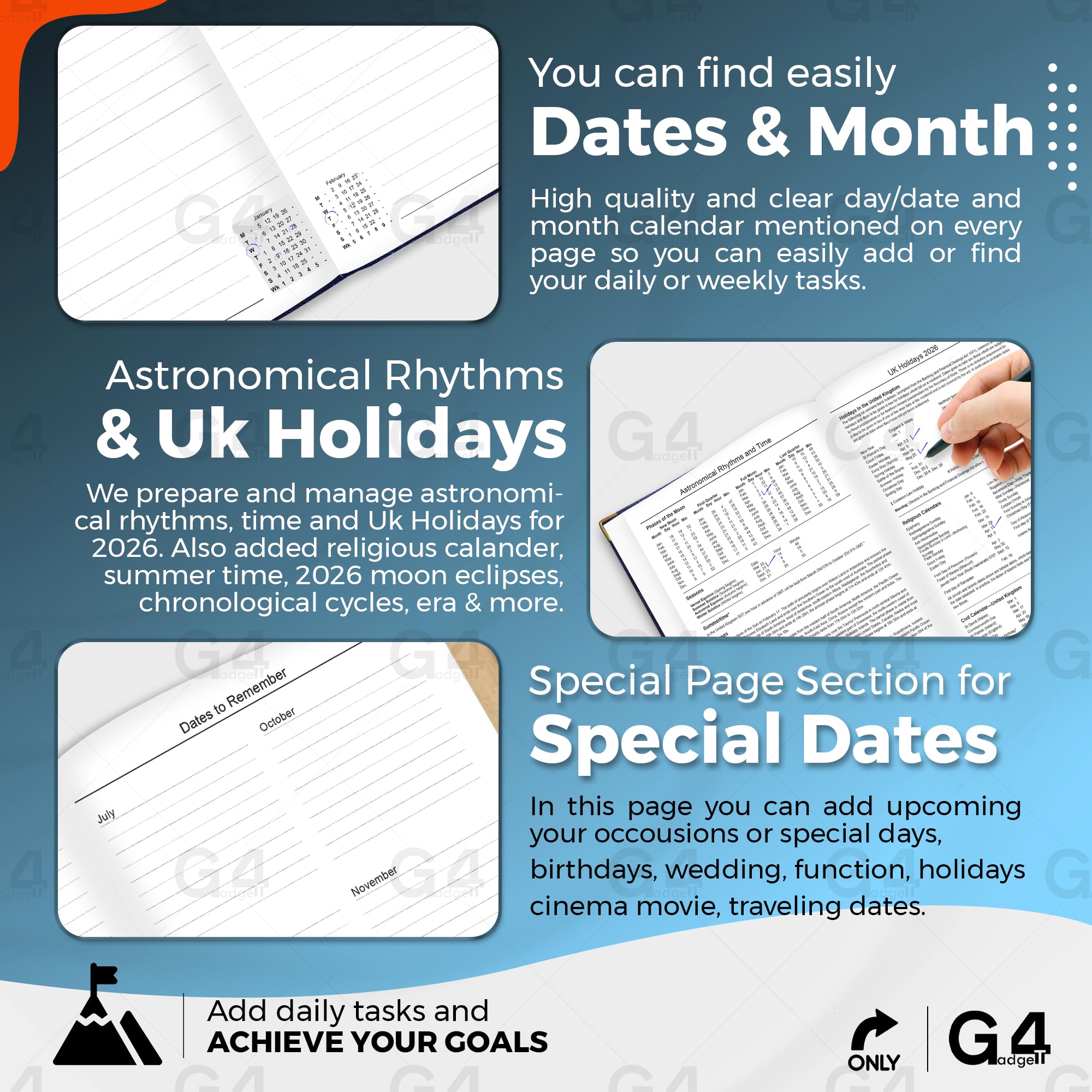 G4GADGET 2026 A4 Week to View Diary | Blue Hardback | Gilt Edges 4