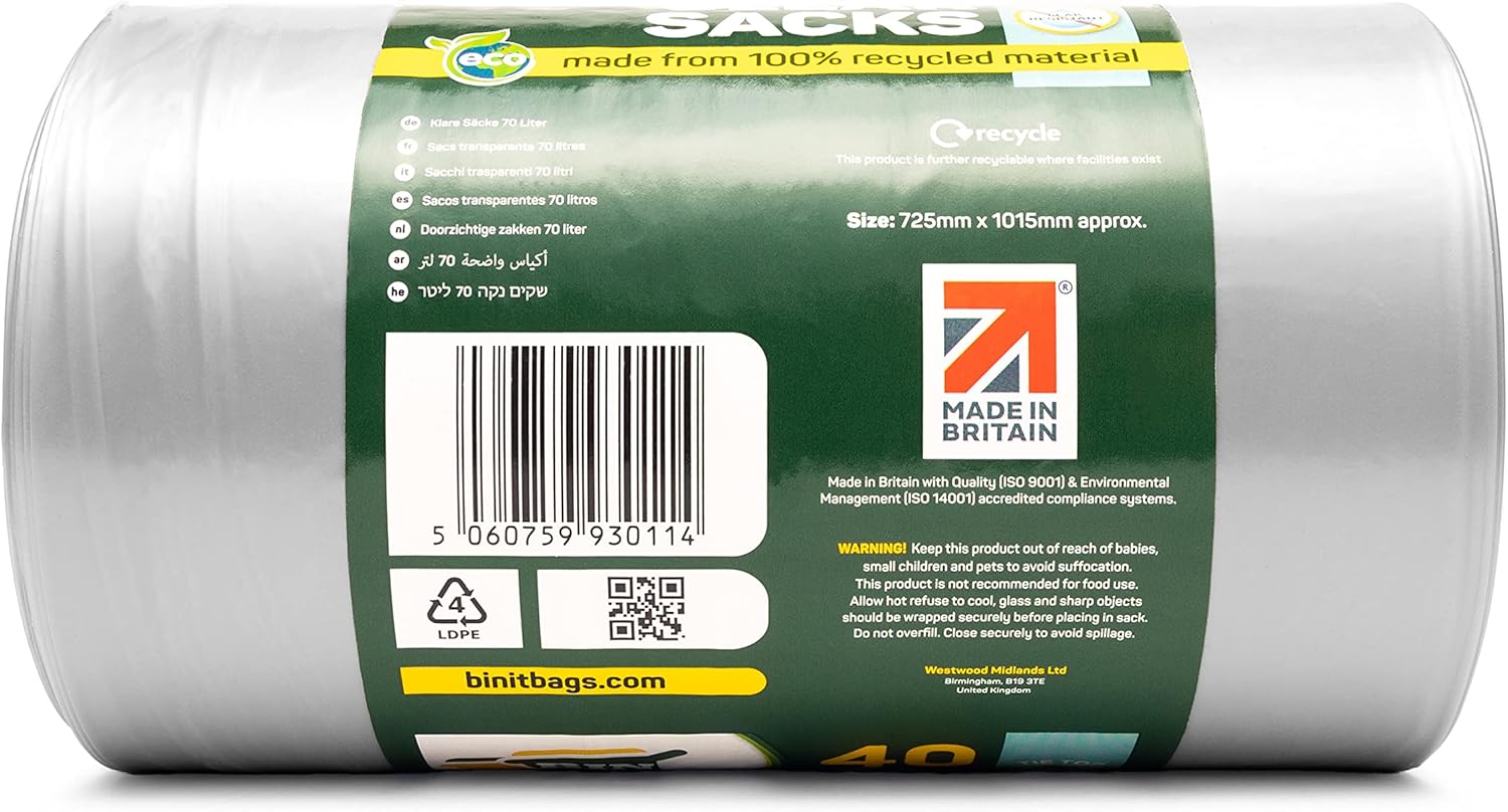 BIN IT Clear Large 70L Strong & Secure Tie Top Recycling Sacks - 100% Recycled LDPE 7