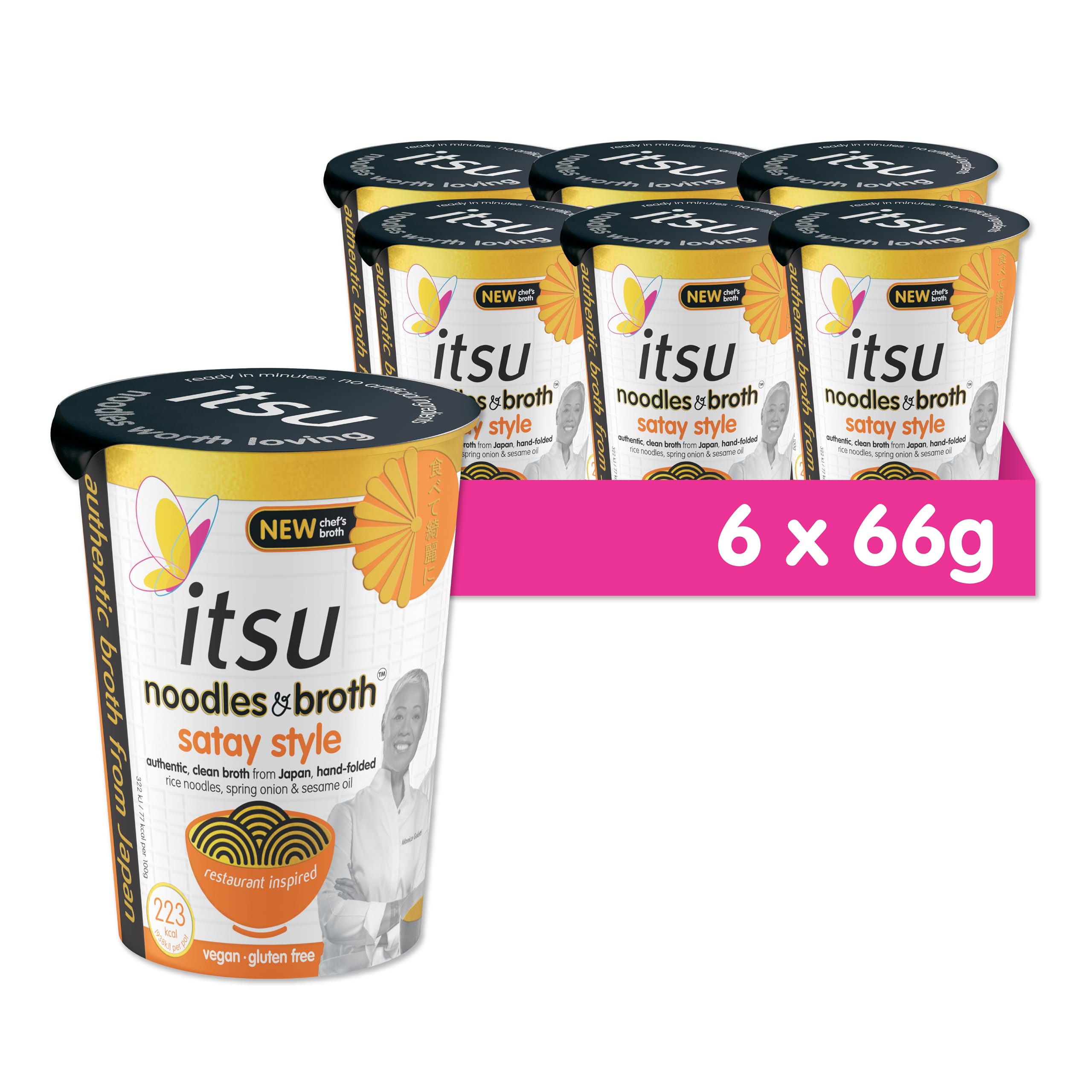 Itsu Satay Style Instant Noodles & Broth Pot 66g - Gluten Free, Vegan, Low Fat - Pack of 6 5