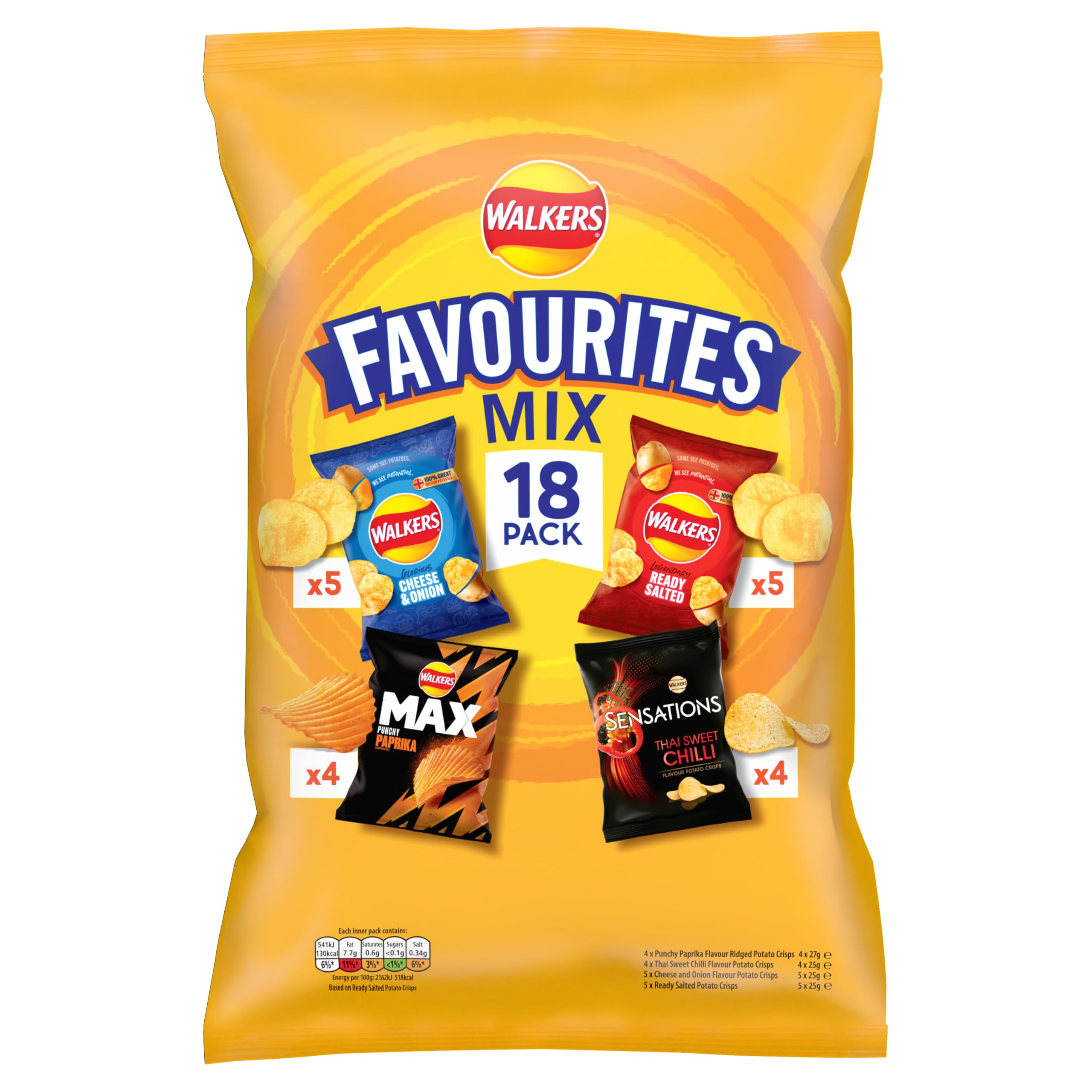 Walkers Favourites Mix Multipack Crisps 18 Pack - Cheese & Onion, Ready Salted, Paprika, Thai Sweet Chilli
