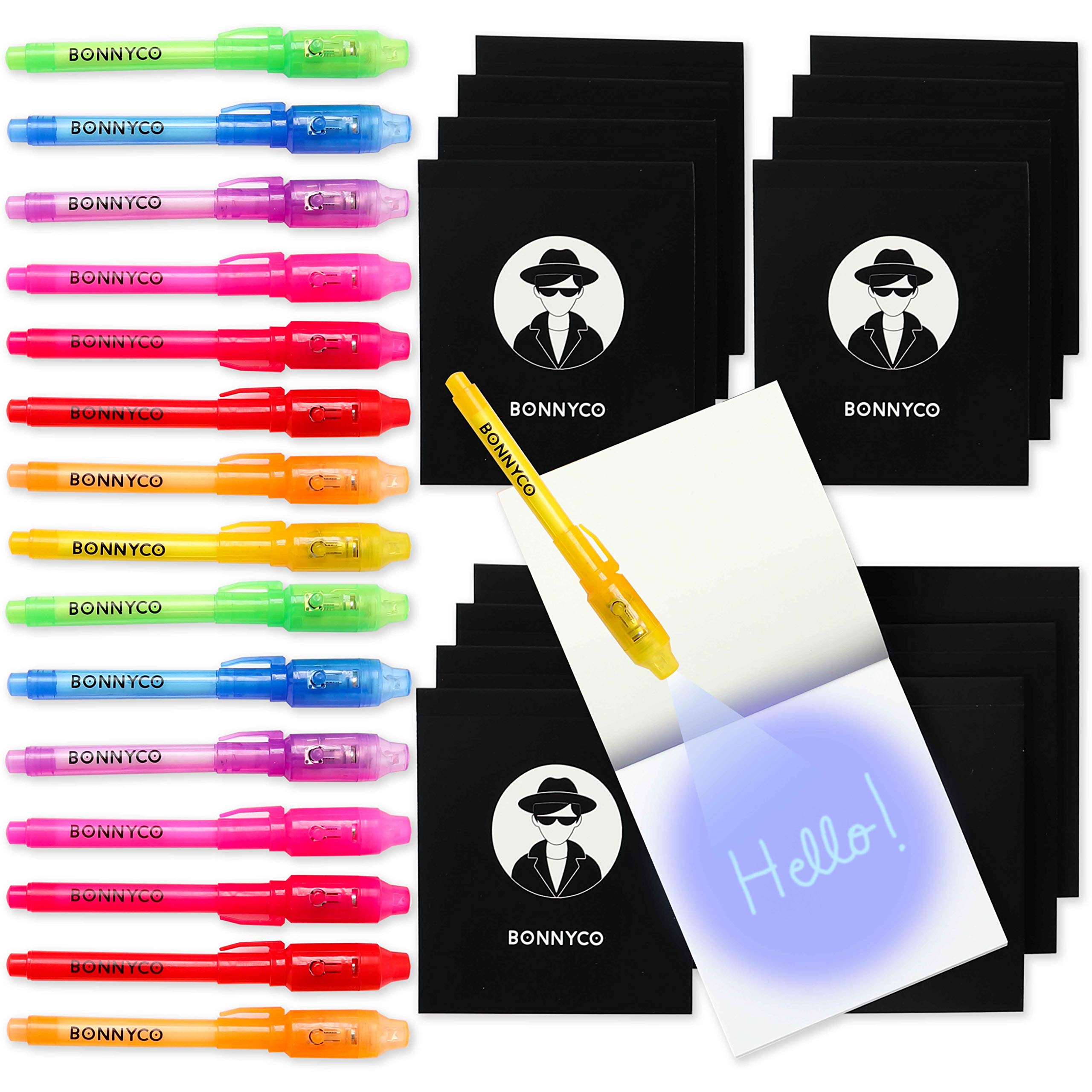 BONNYCO Invisible Ink Pen and Notebook Set - Pack of 16 UV Magic Pens with Notepads for Kids