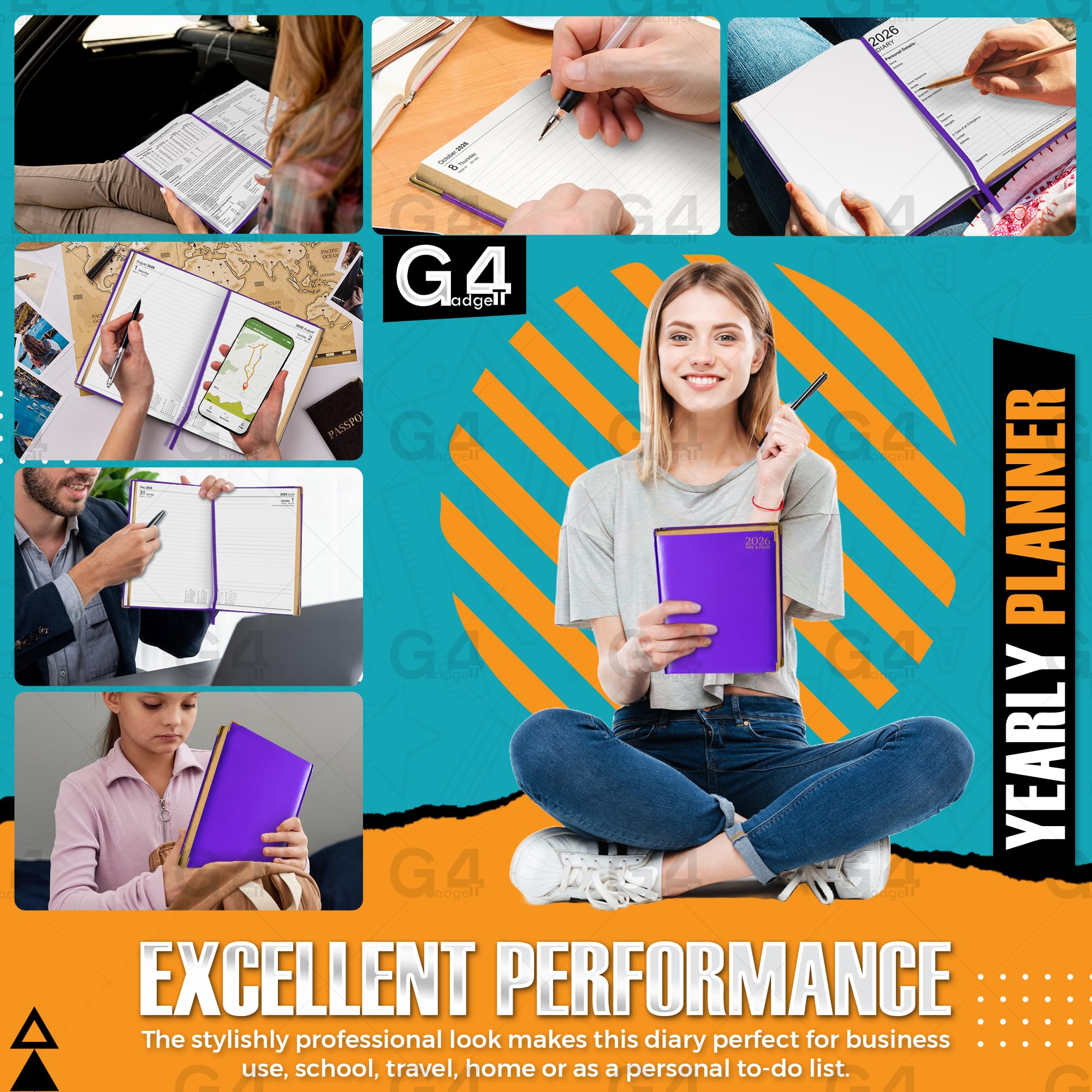 G4GADGET 2026 A5 Day a Page Diary - Purple Hardback with Gilt Edges | Ruled 5