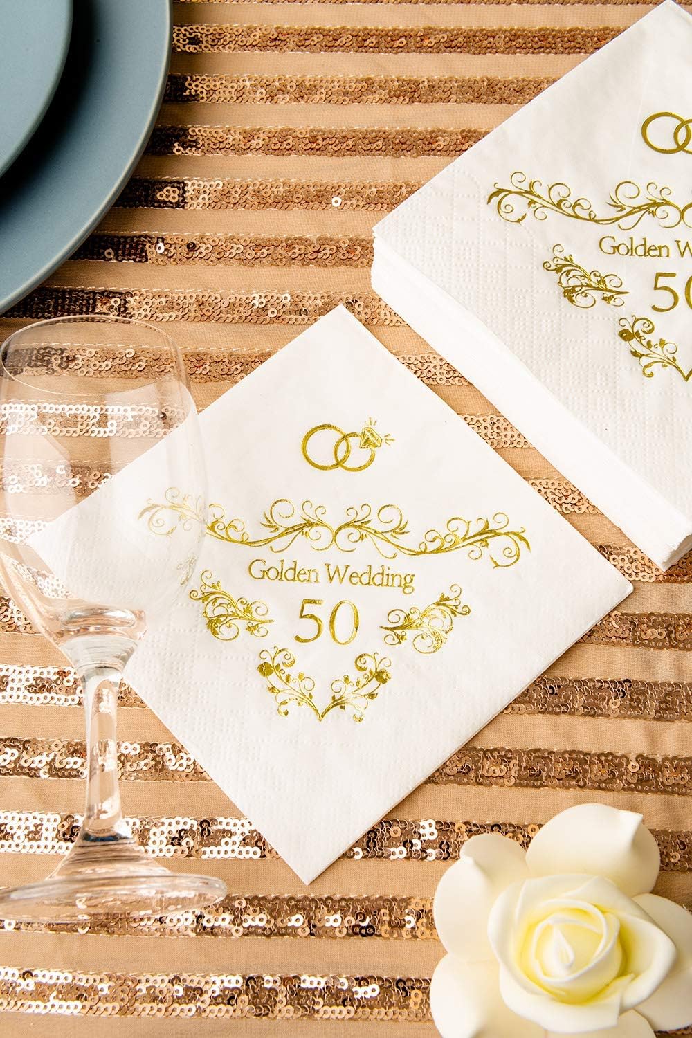 Crisky Gold Foil 50th Anniversary Napkins, 3-Ply Cocktail Napkins for Wedding Party Decor 4